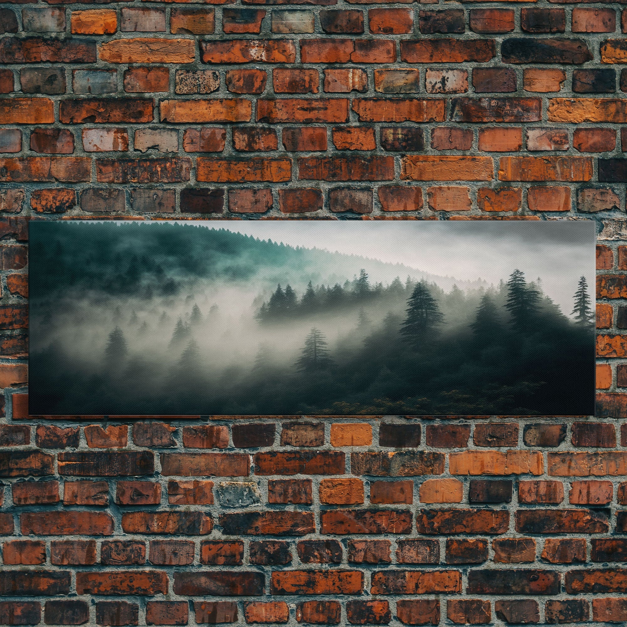 Panoramic watercolor of a misty forest fog, wall art, framed canvas print, farmhouse decor, foggy pine tree forest landscape, cabin art