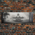 Creepy Carousel / Merry Go Round Wall Art, Framed Canvas Print, Black And White Art