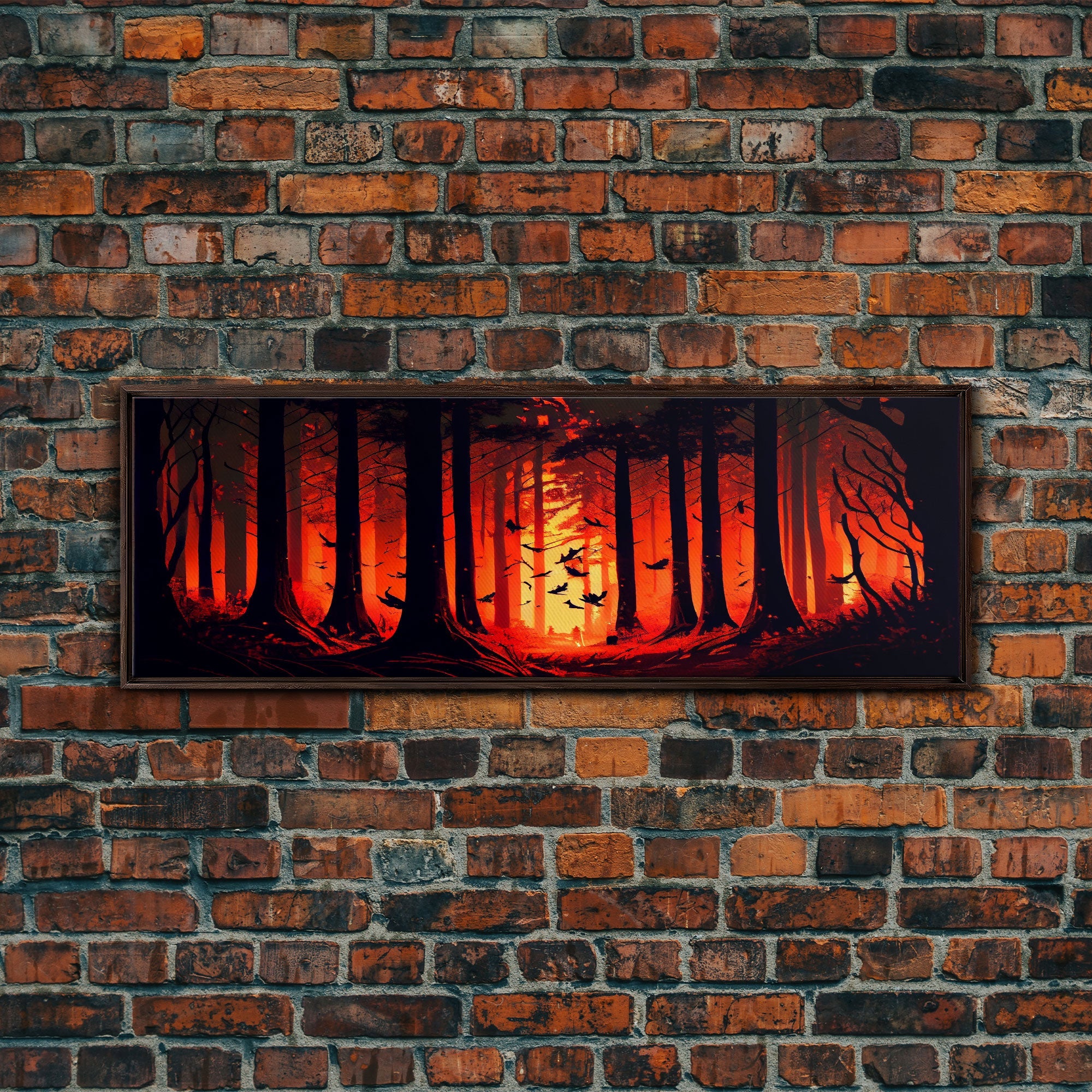 Forest Landscape Art, Forest Fire, Fall / Autumn Decor, Panoramic Wall Art, Framed Canvas Print, Orange and Yellow Fantasy Forest