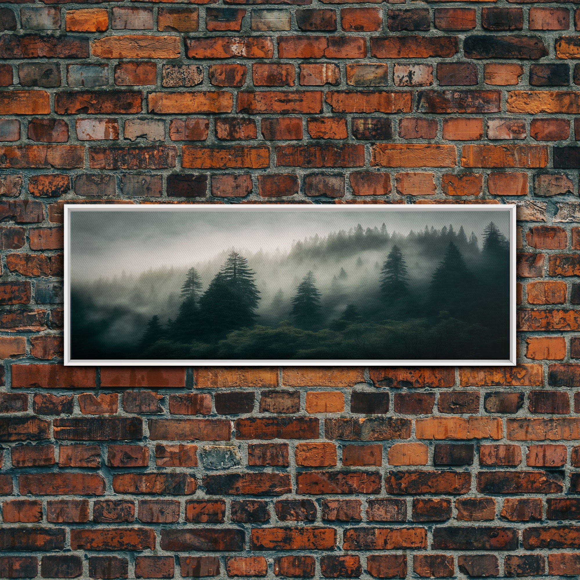 Panoramic watercolor of a misty forest fog, wall art, framed canvas print, farmhouse decor, foggy pine tree forest landscape, cabin art