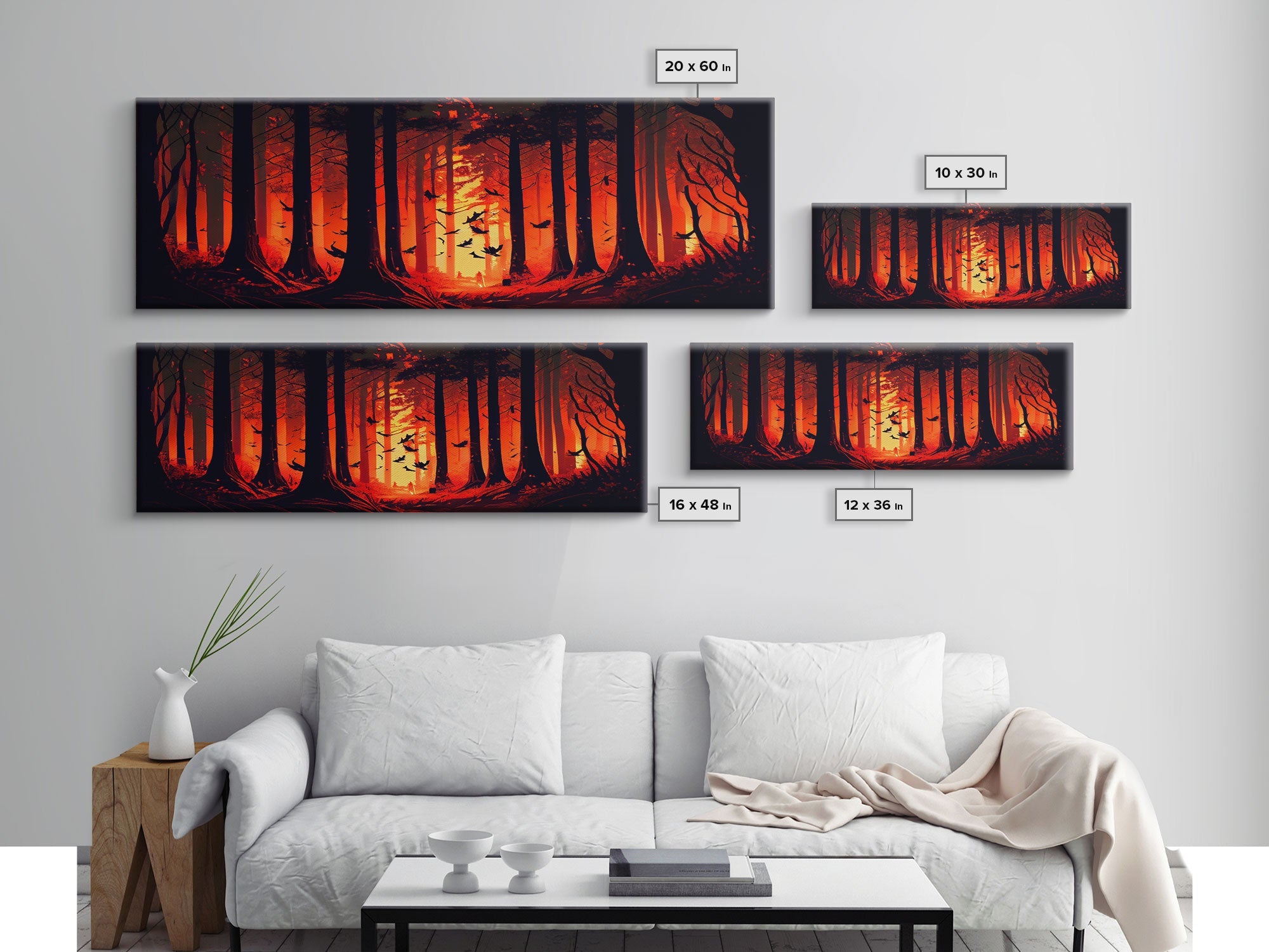 Forest Landscape Art, Forest Fire, Fall / Autumn Decor, Panoramic Wall Art, Framed Canvas Print, Orange and Yellow Fantasy Forest