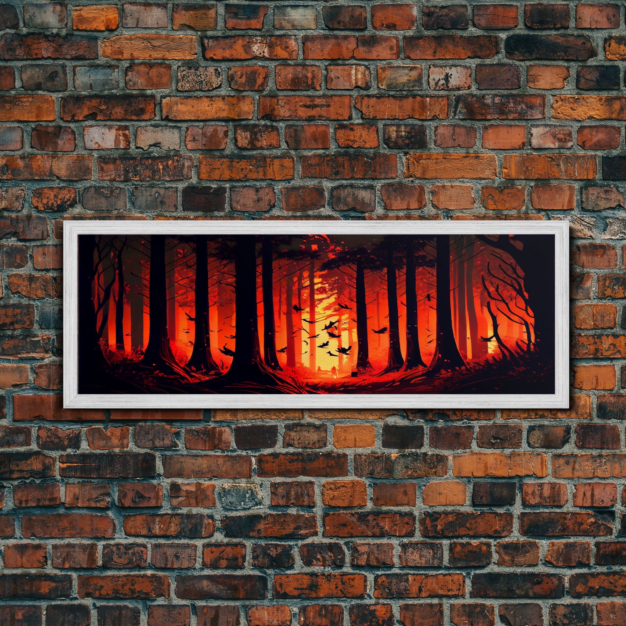 Forest Landscape Art, Forest Fire, Fall / Autumn Decor, Panoramic Wall Art, Framed Canvas Print, Orange and Yellow Fantasy Forest