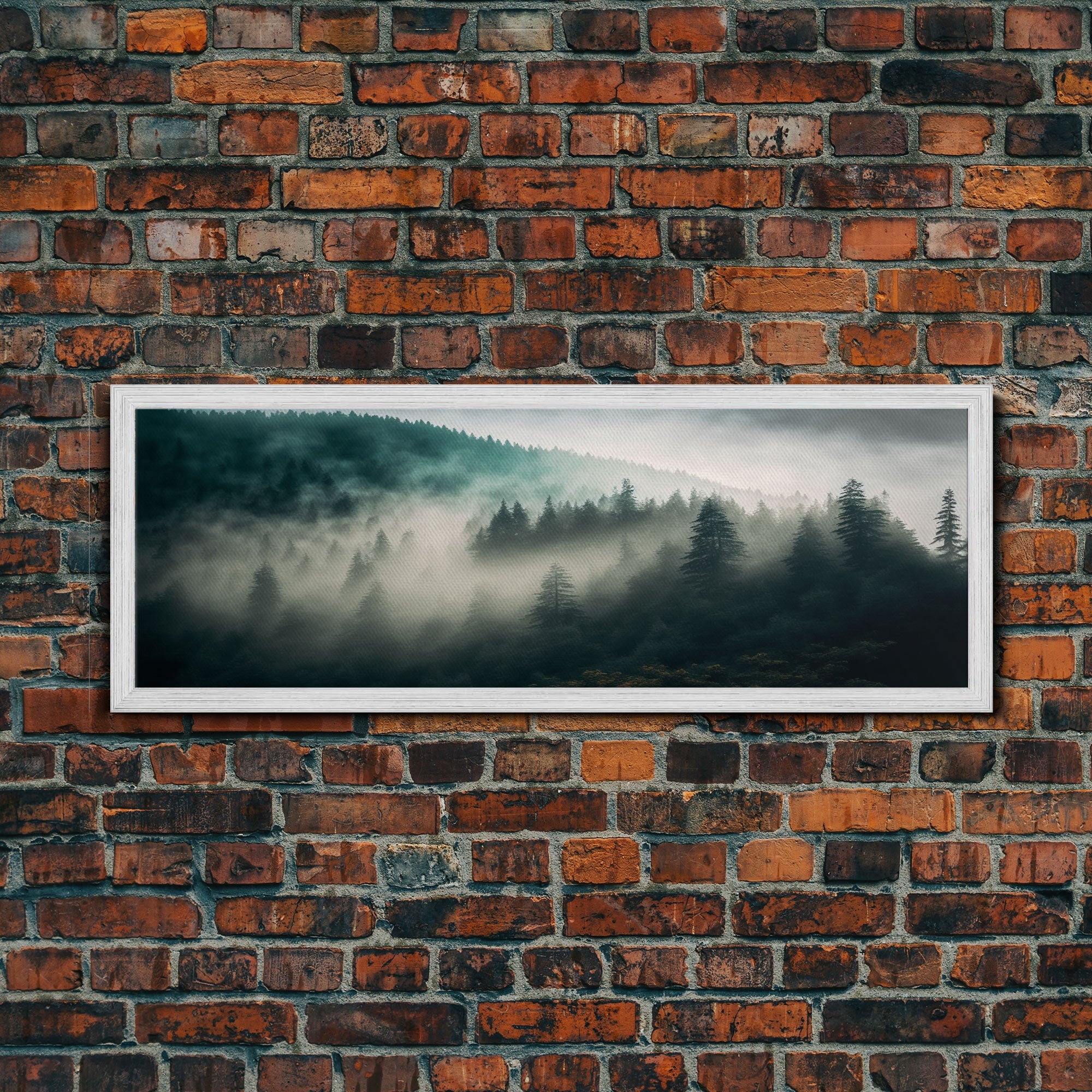 Panoramic watercolor of a misty forest fog, wall art, framed canvas print, farmhouse decor, foggy pine tree forest landscape, cabin art