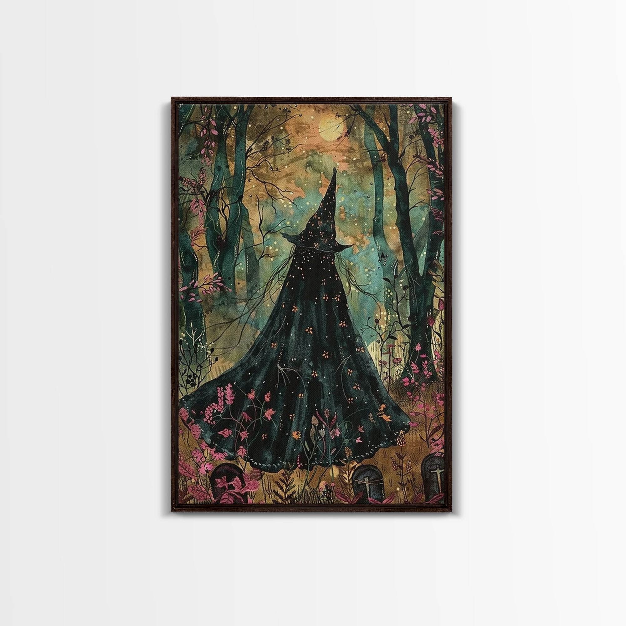 Halloween Witch in Dark Forest, Framed Canvas Print, Wall Art, Living Room Decor, Spooky, Witch Art, Original Painting, Home Decor