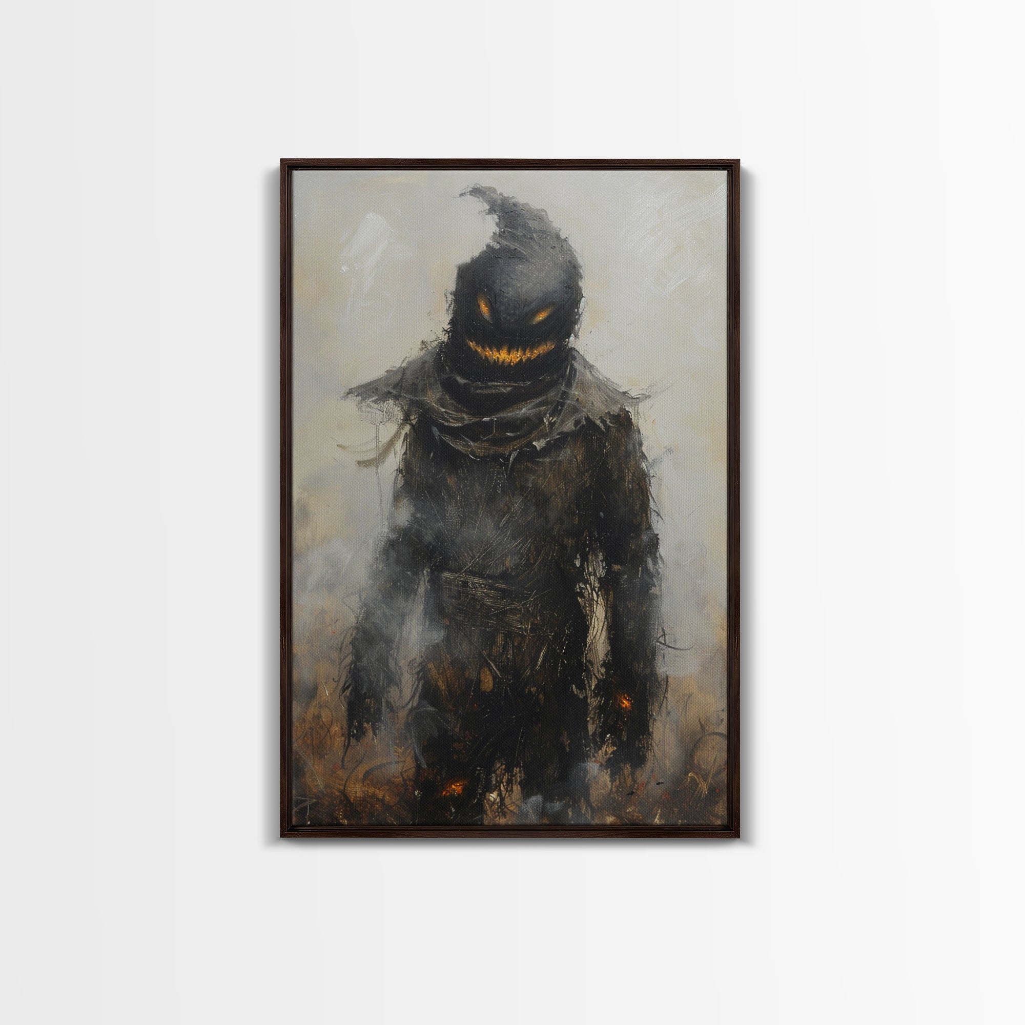 Scarecrow with Glowing Eyes in Dark Field, Framed Canvas Print, Halloween Scarecrow Art, Spooky Farm Decor, Creepy Harvest Illustration