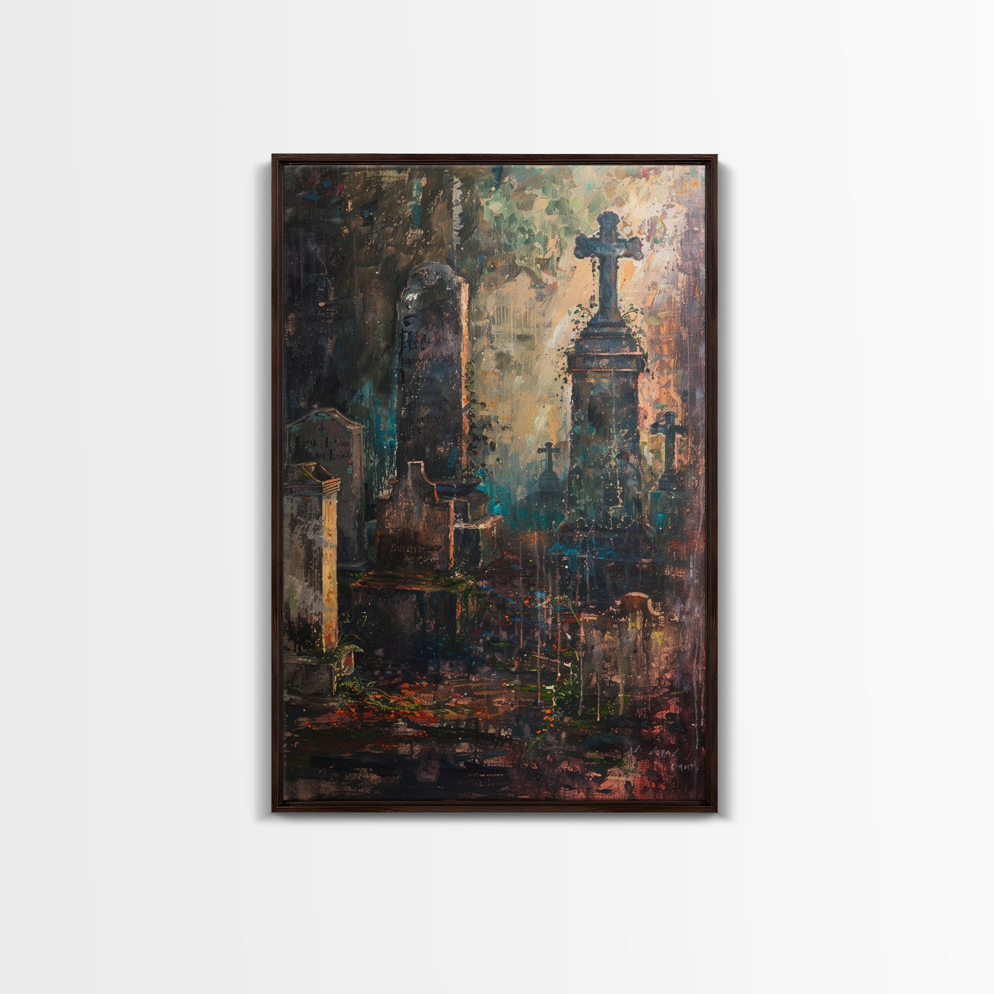 Gloomy Cemetery Halloween Art, Spooky Graveyard, Haunted Cemetery, Creepy Gravestones, Dark Artwork, Framed Canvas Print