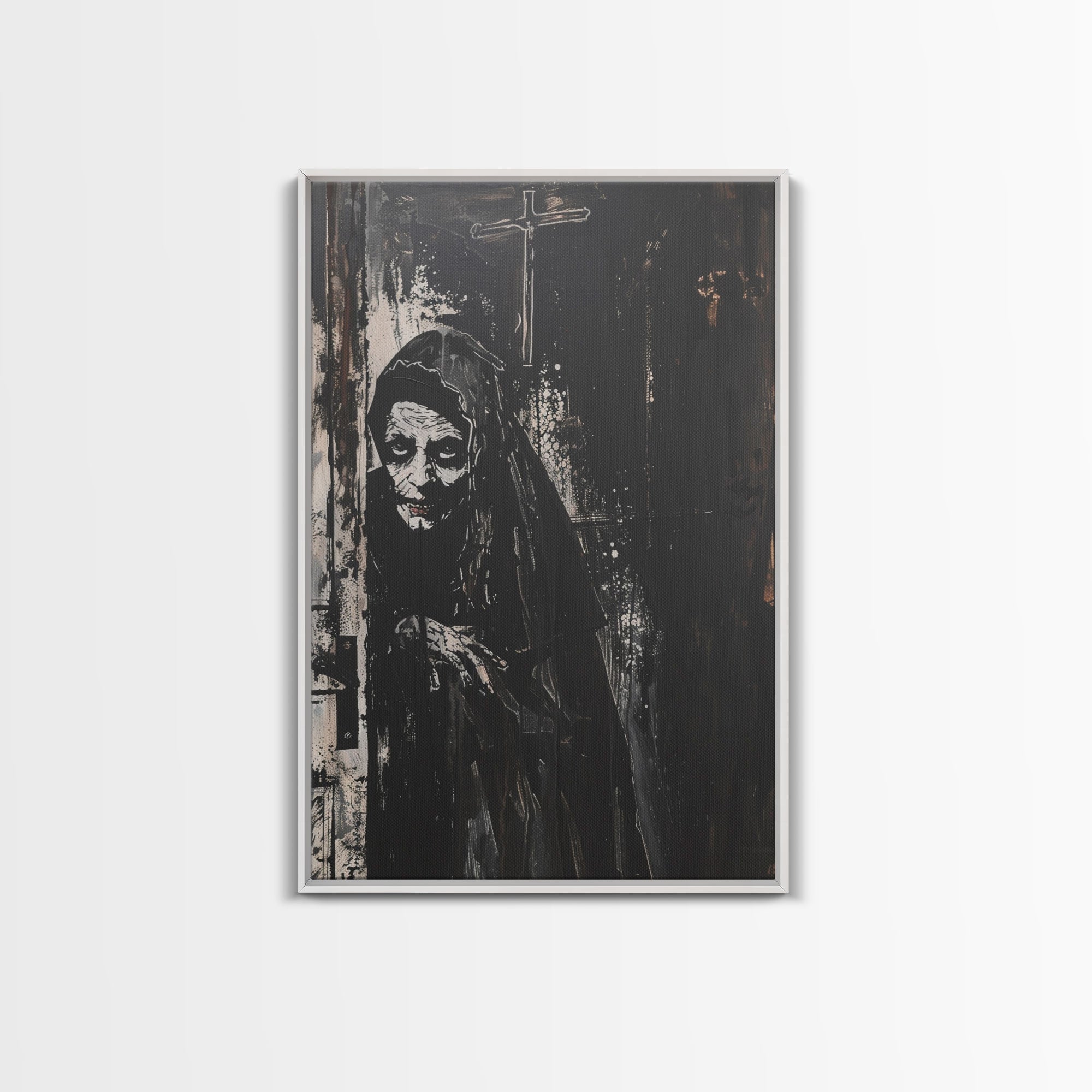Haunted Nun with Eerie Expression, Framed Canvas Print, Gothic Halloween Art, Spooky Religious Decor, Scary Nun Painting, Gothic Home Art