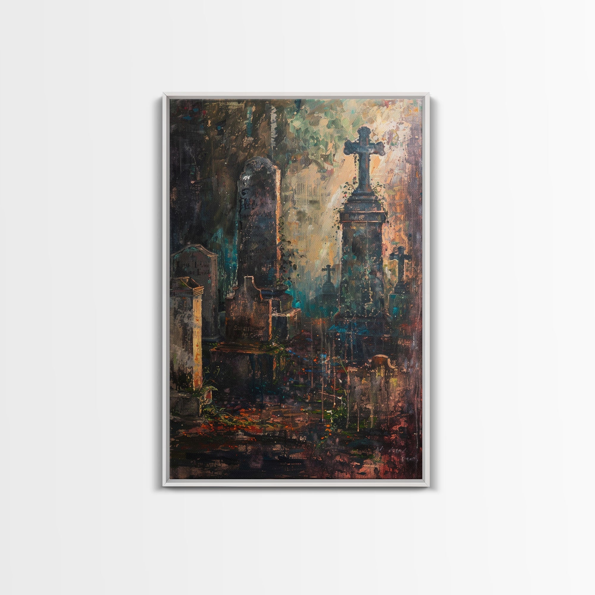 Gloomy Cemetery Halloween Art, Spooky Graveyard, Haunted Cemetery, Creepy Gravestones, Dark Artwork, Framed Canvas Print
