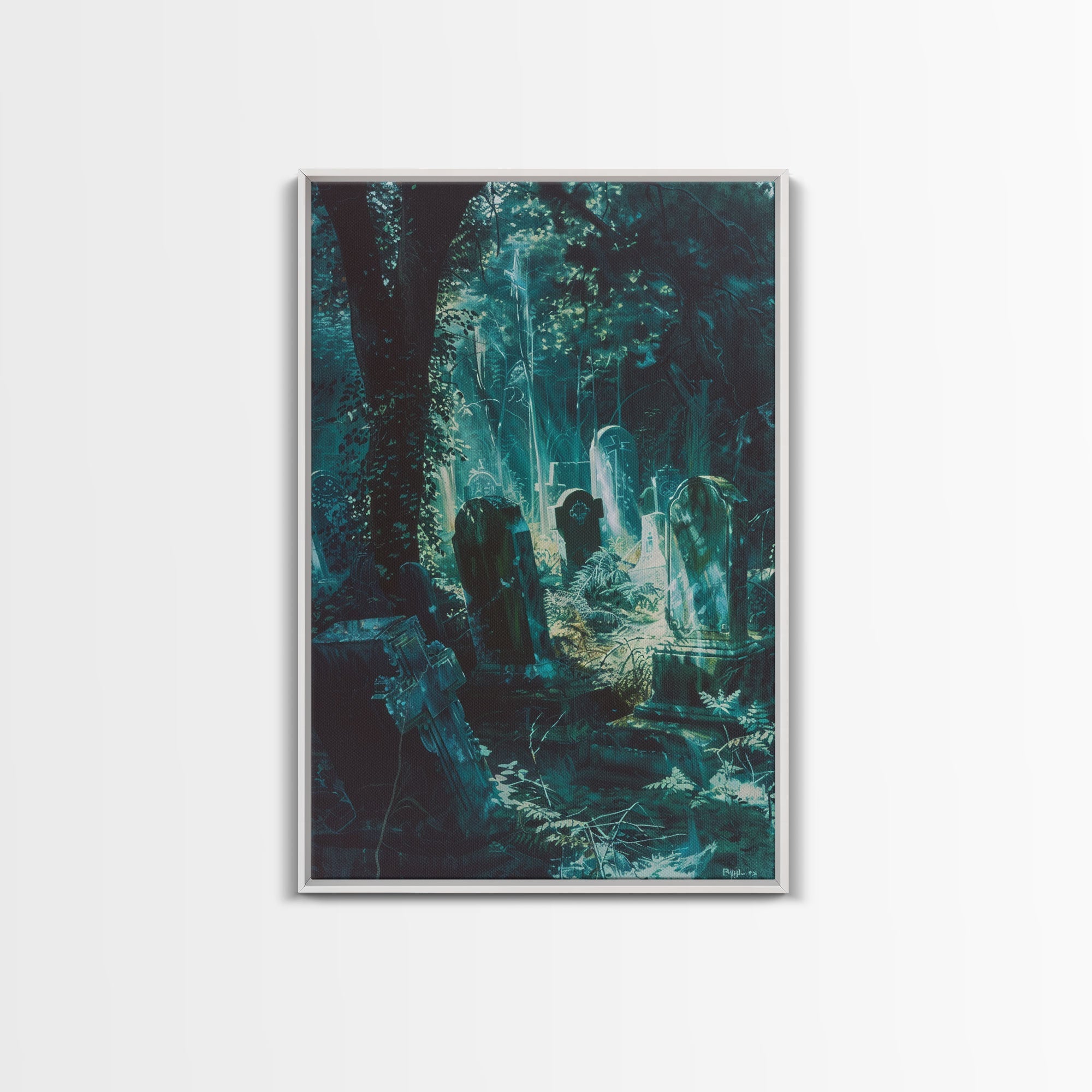 Haunted Graveyard Framed Canvas Print, Halloween Wall Art, Spooky Cemetery, Midnight Shadows, Haunted Forest, Ghostly Vibes, Gothic Decor