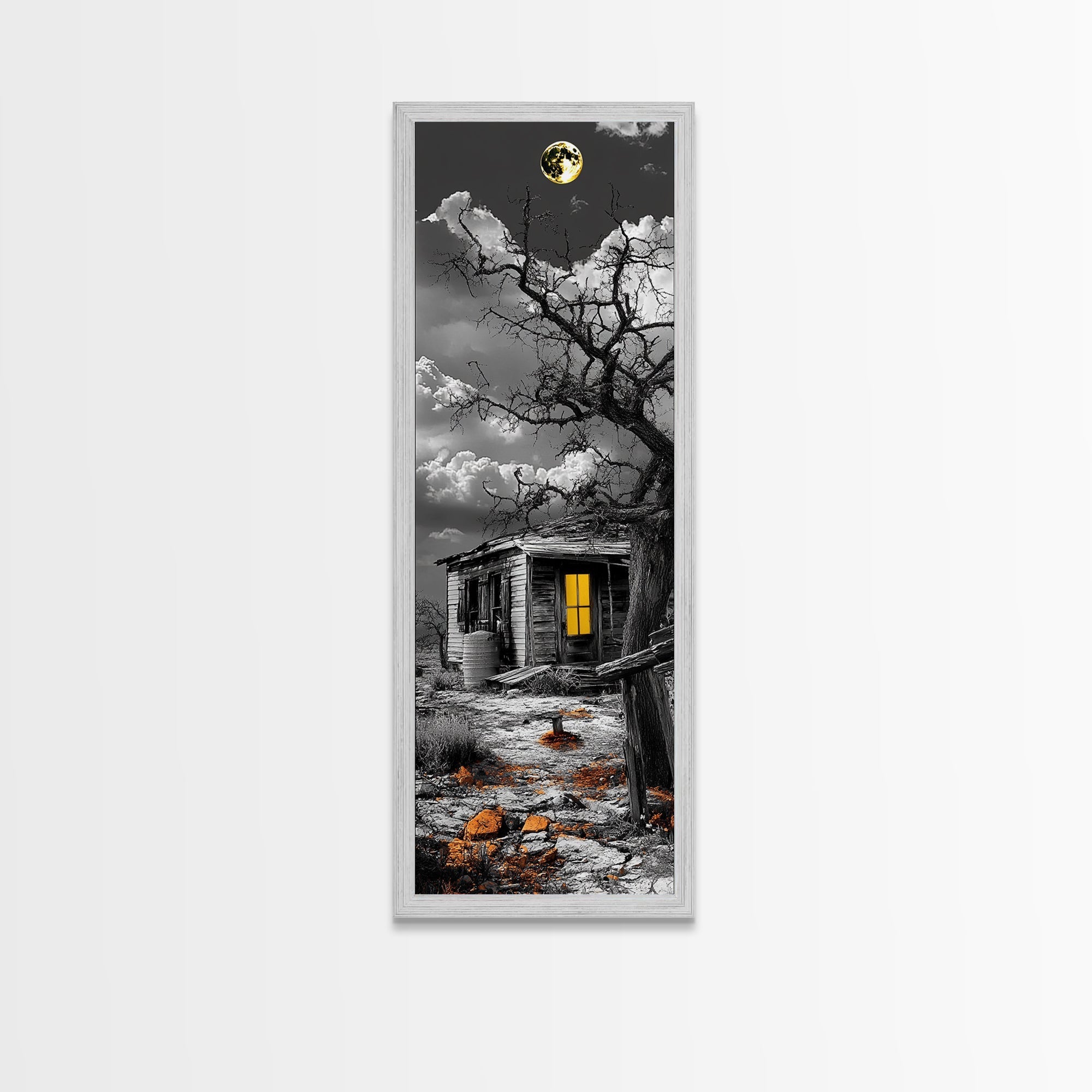 Haunted Cabin, Yellow Light, Full Moon, Framed Canvas Print, Halloween Wall Art, Gothic Decor, Spooky Home Accent, Fall Vibes