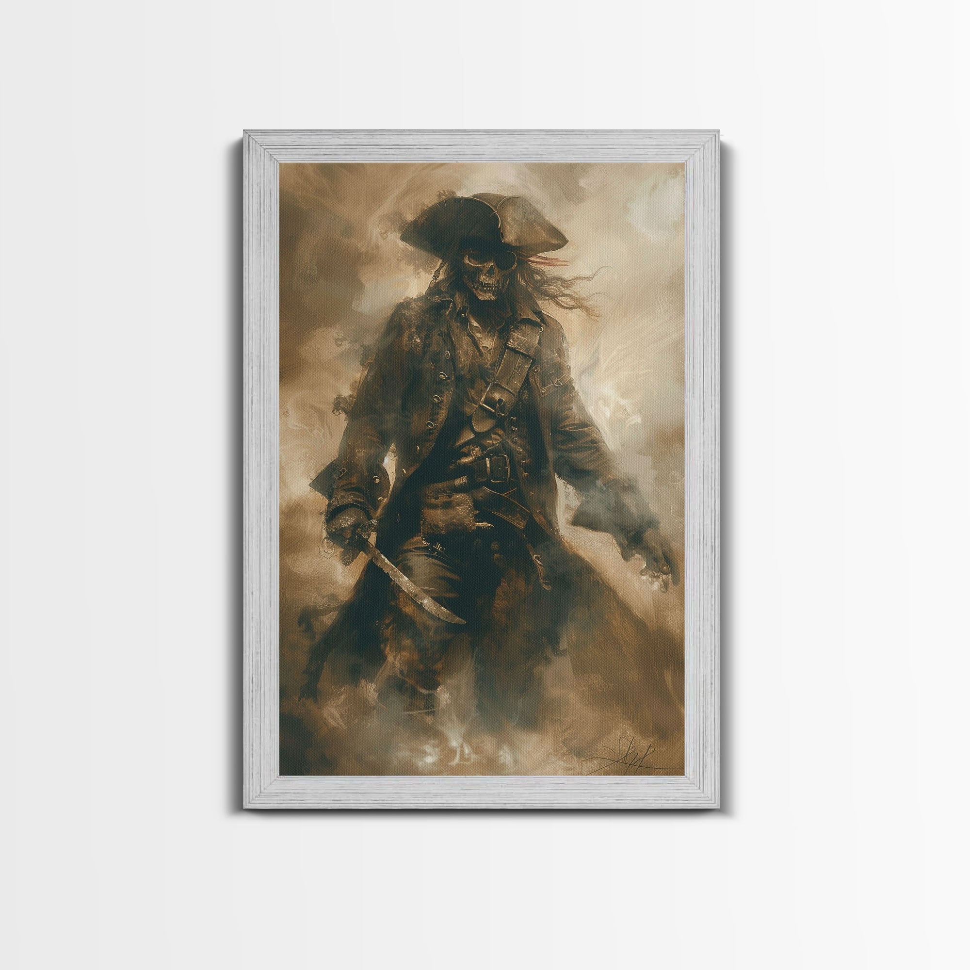 Skeleton Pirate Wielding Sword on Ghost Ship - Haunted Halloween Adventure Framed Canvas Print, Mysterious Gothic Wall Decor