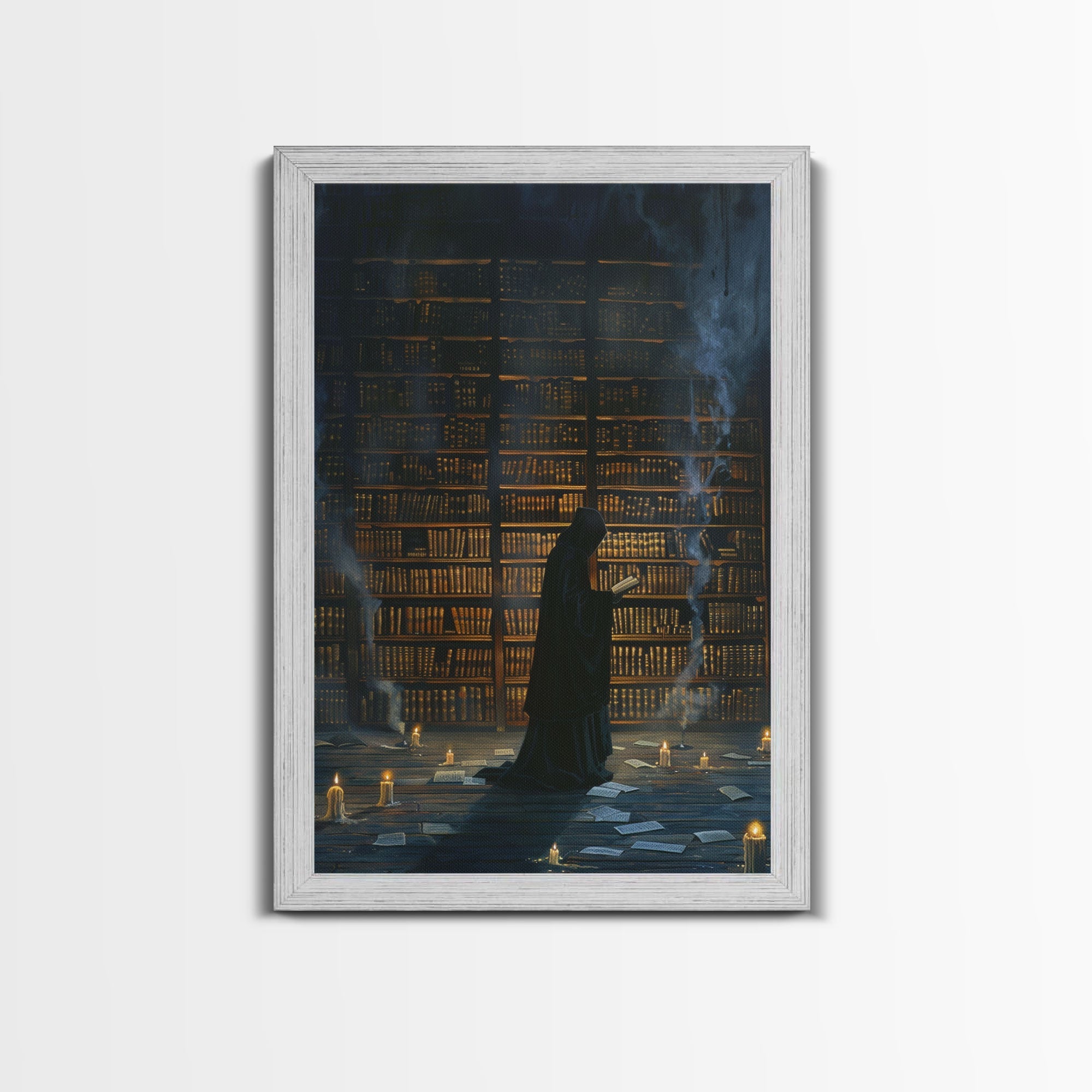 Hooded Figure in Library Halloween Art, Spooky Study, Haunted Library, Creepy Room, Gothic Reading, Framed Canvas Print