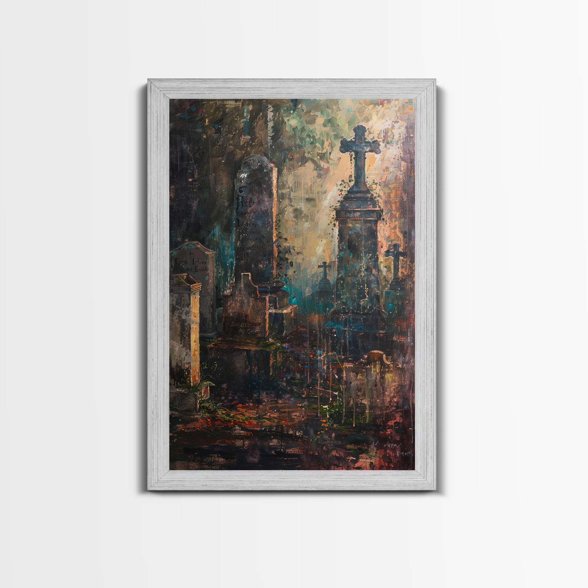 Gloomy Cemetery Halloween Art, Spooky Graveyard, Haunted Cemetery, Creepy Gravestones, Dark Artwork, Framed Canvas Print