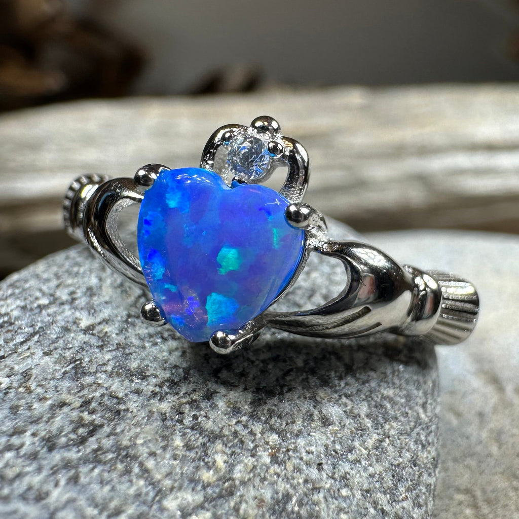 Ocean Blue Opal Claddagh Ring