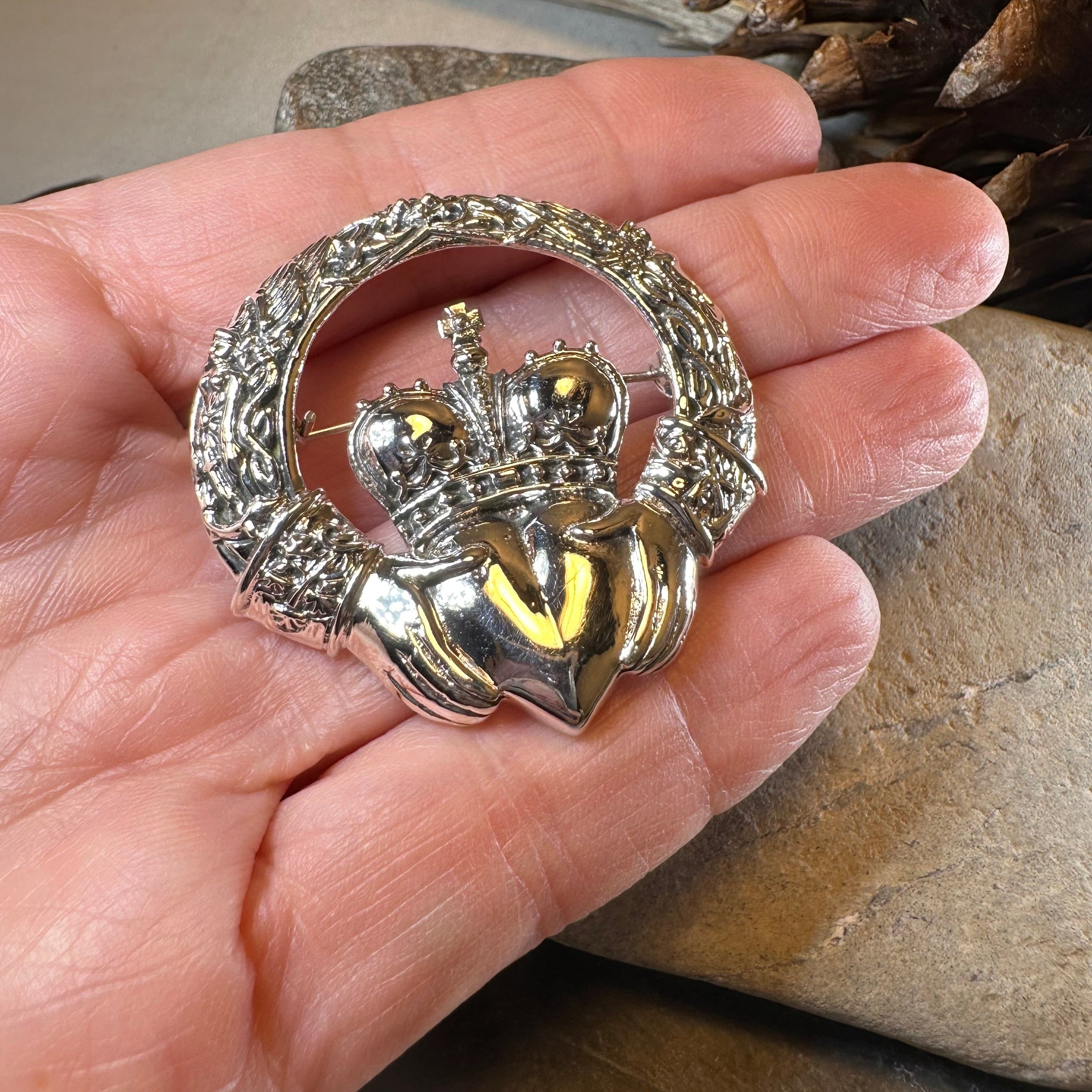 Victorian Irish Claddagh Brooch in Sterling Silver