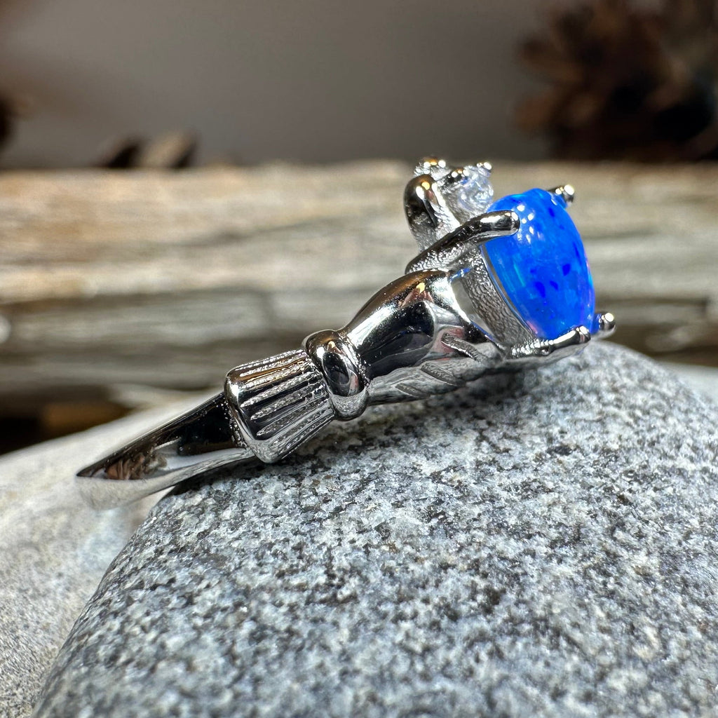 Ocean Blue Opal Claddagh Ring