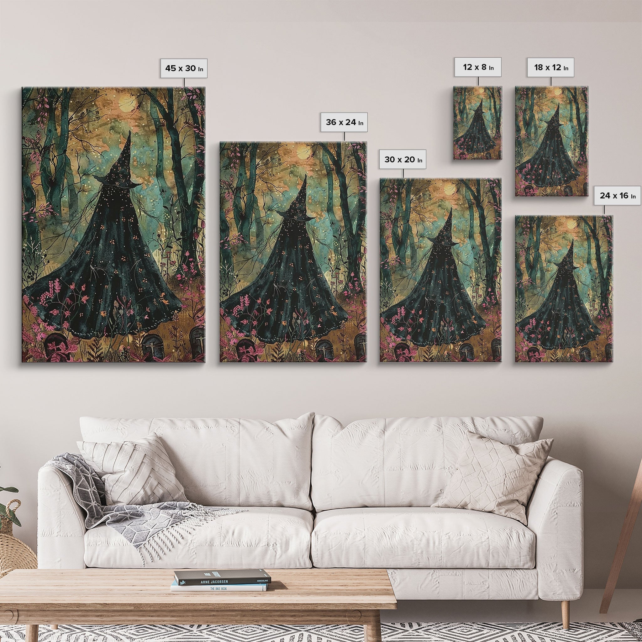 Halloween Witch in Dark Forest, Framed Canvas Print, Wall Art, Living Room Decor, Spooky, Witch Art, Original Painting, Home Decor
