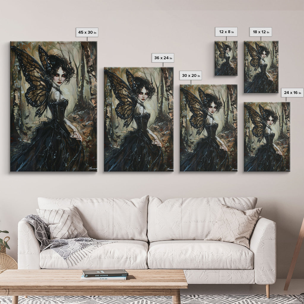 Dark Gothic Fairy with Butterfly Wings| Halloween Wall Art | Spooky Home Decor | Creepy Gothic Fairy Painting | Framed Canvas Print