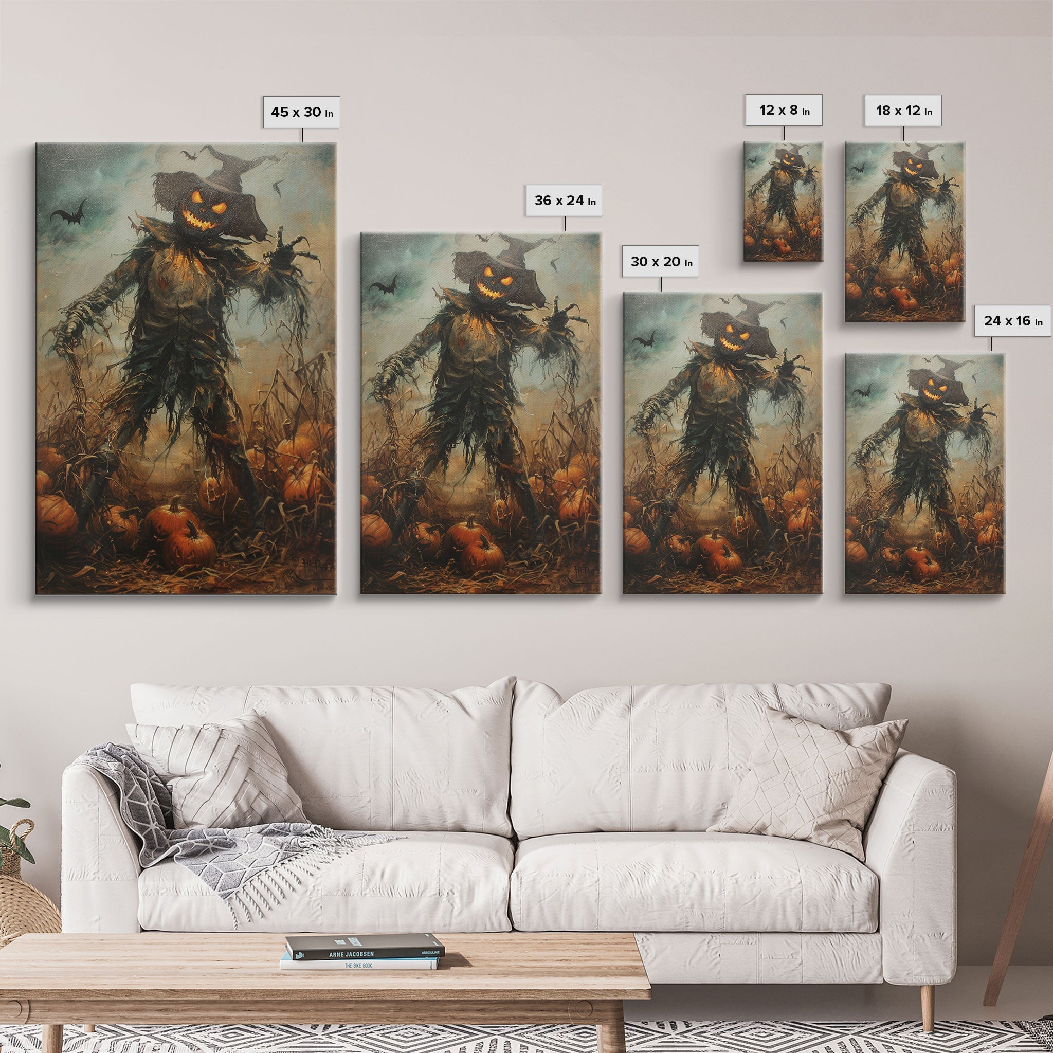 Sinister Scarecrow in Pumpkin Patch | Halloween Wall Art | Spooky Home Decor | Creepy Pumpkin Scarecrow Painting | Framed Canvas Print