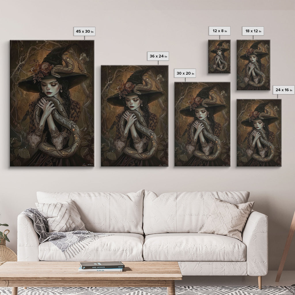Mysterious Witch Holding Snake, Framed Canvas Print, Gothic Witch Art, Dark Fantasy Decor, Witch and Serpent, Halloween Accessories