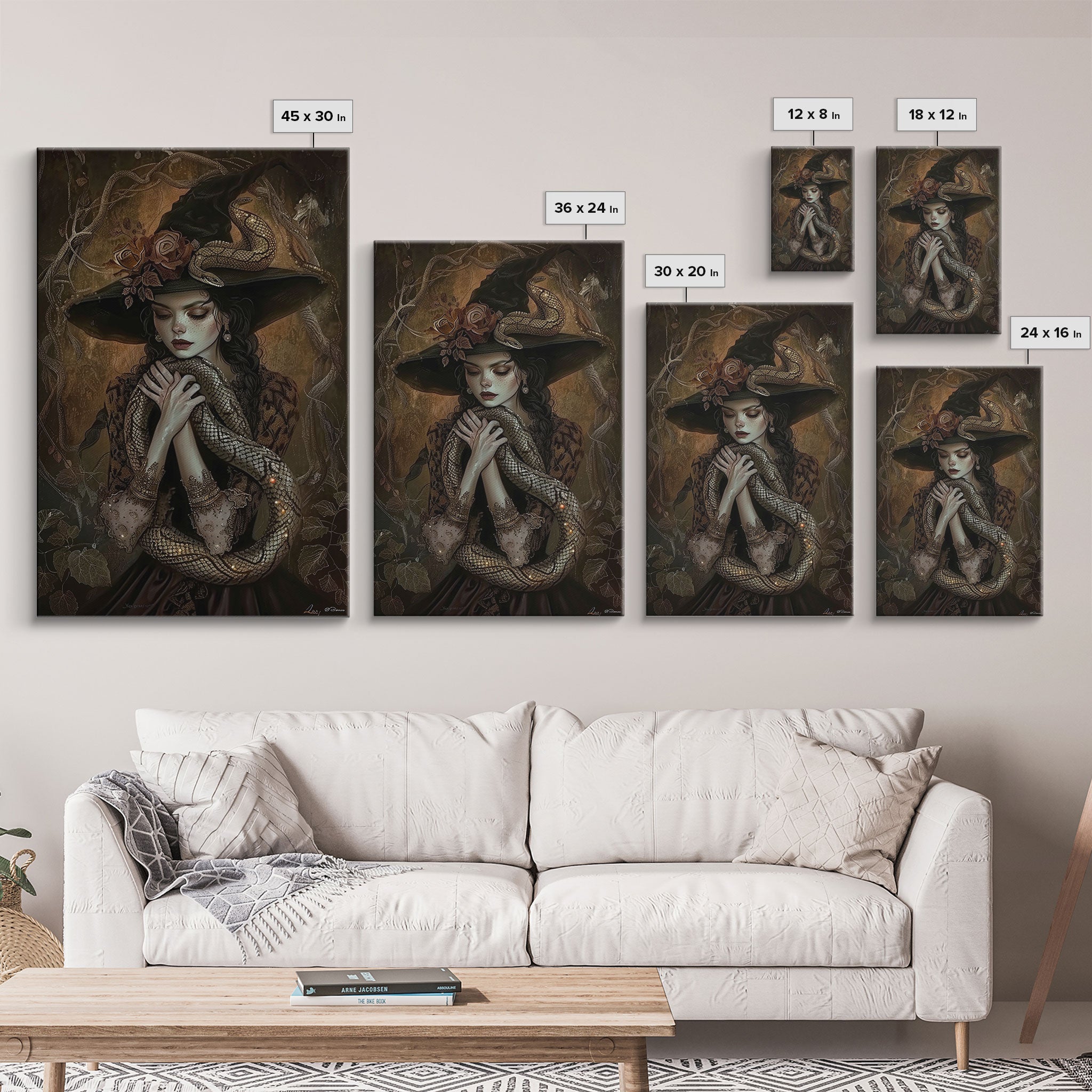 Mysterious Witch Holding Snake, Framed Canvas Print, Gothic Witch Art, Dark Fantasy Decor, Witch and Serpent, Halloween Accessories