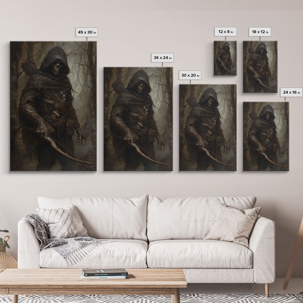 Grim Reaper Archer in Dark Enchanted Forest - Eerie Gothic Wall Art Framed Canvas Print, Unique Spooky Halloween Haunted Homes