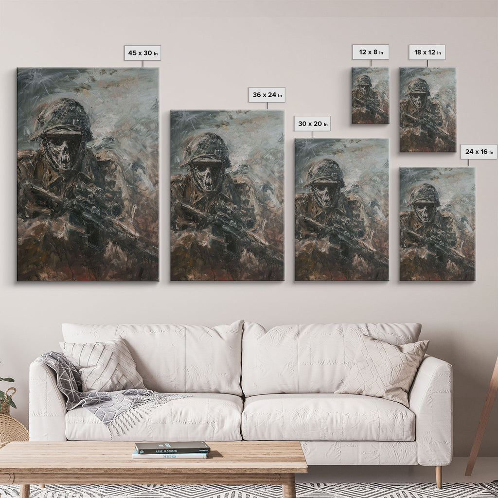 Skeletal Soldier in Battle - Haunting War Scene Gothic Art Framed Canvas Print, Spooky Halloween Decor