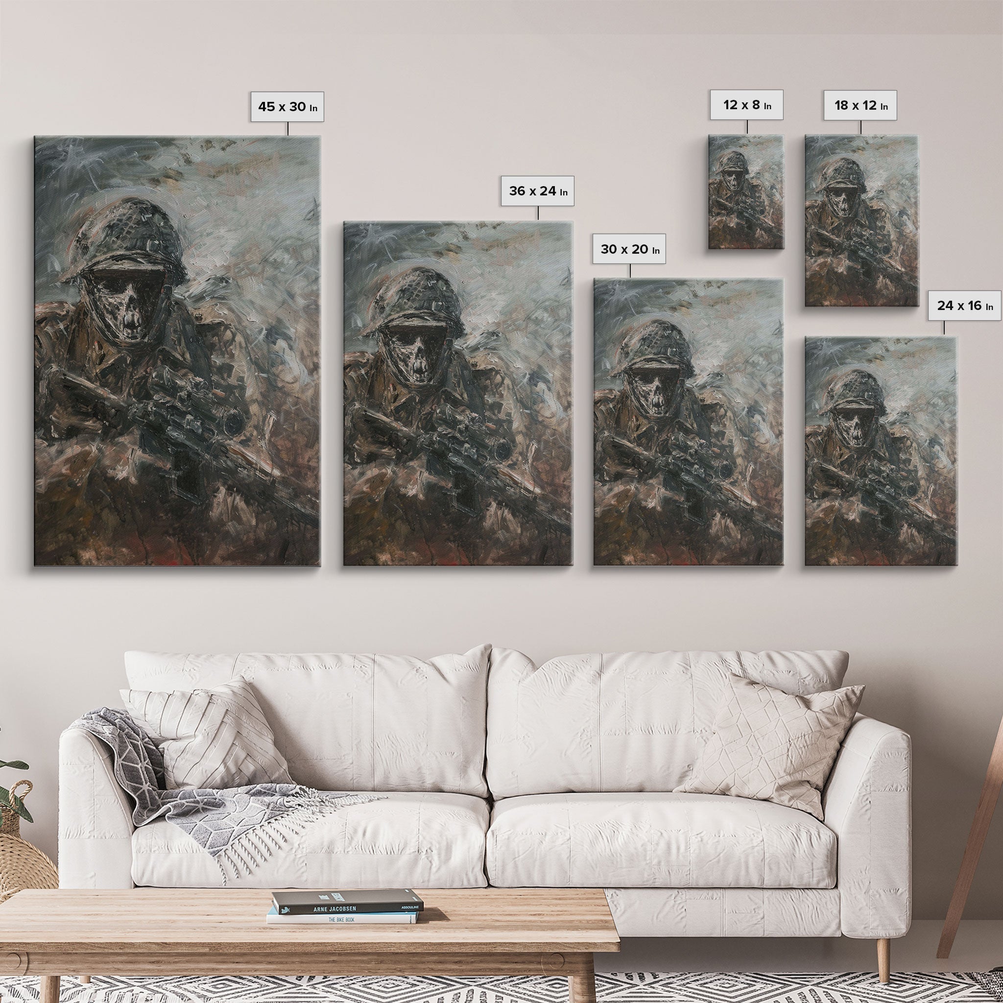 Skeletal Soldier in Battle - Haunting War Scene Gothic Art Framed Canvas Print, Spooky Halloween Decor