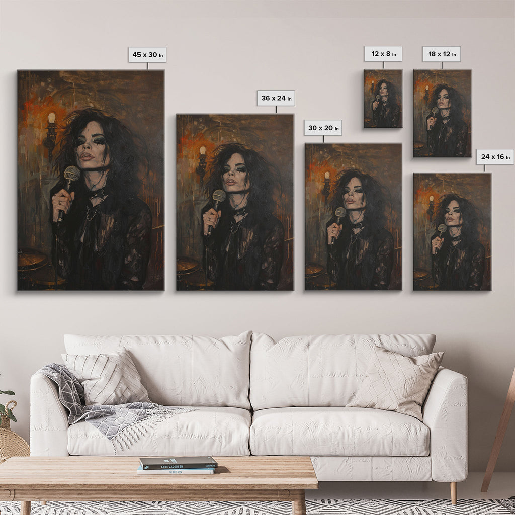 Gothic Singer with Dark Makeup - Halloween Art, Gothic Art, Spooky Decor Haunted Concert Dark Music Art, Eerie Portrait, Framed Canvas Print