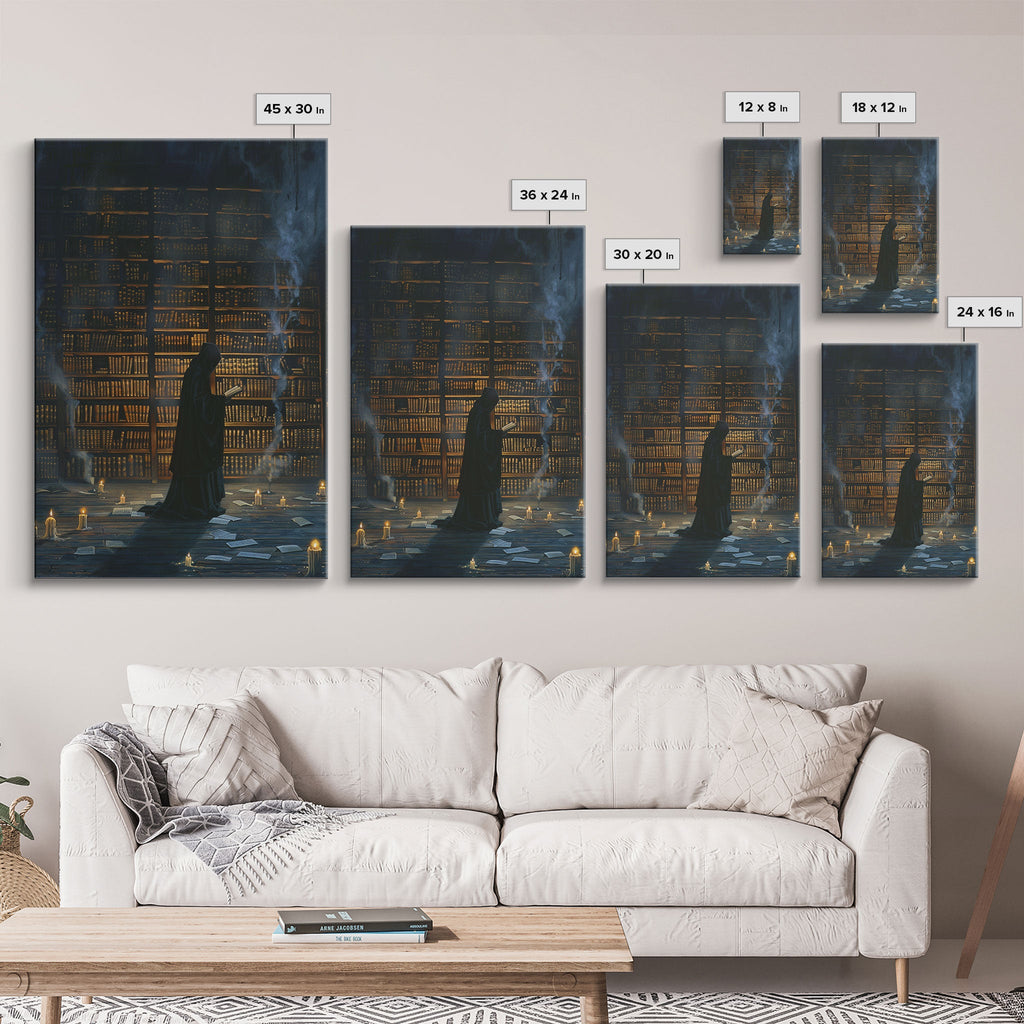 Hooded Figure in Library Halloween Art, Spooky Study, Haunted Library, Creepy Room, Gothic Reading, Framed Canvas Print