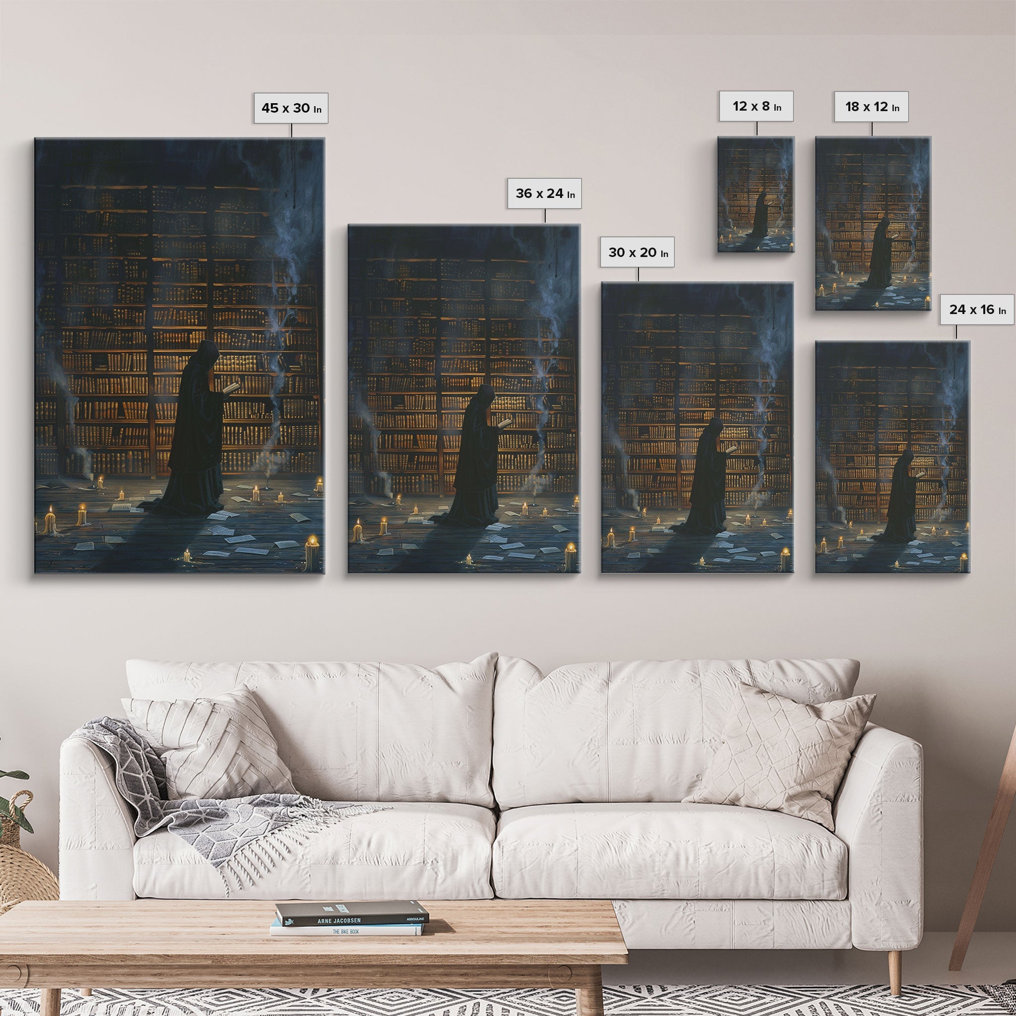Hooded Figure in Library Halloween Art, Spooky Study, Haunted Library, Creepy Room, Gothic Reading, Framed Canvas Print