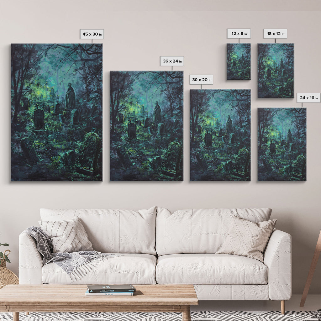 Spooky Cemetery with Glowing Lights Framed Canvas Print, Wall Art, Halloween Graveyard Art, Eerie Home Decor, Haunted Forest Painting