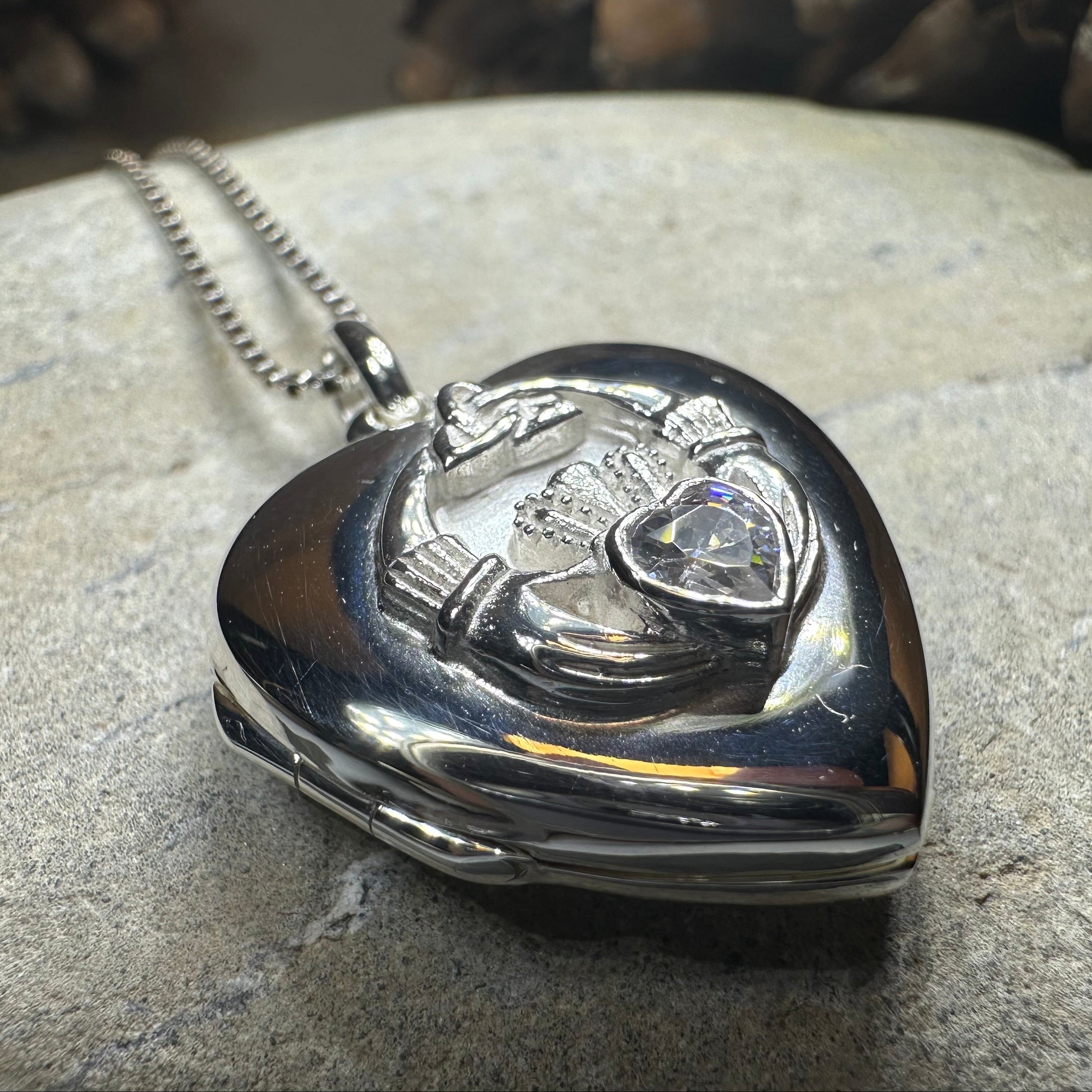 Aoife Irish Claddagh Locket Necklace in Sterling Silver