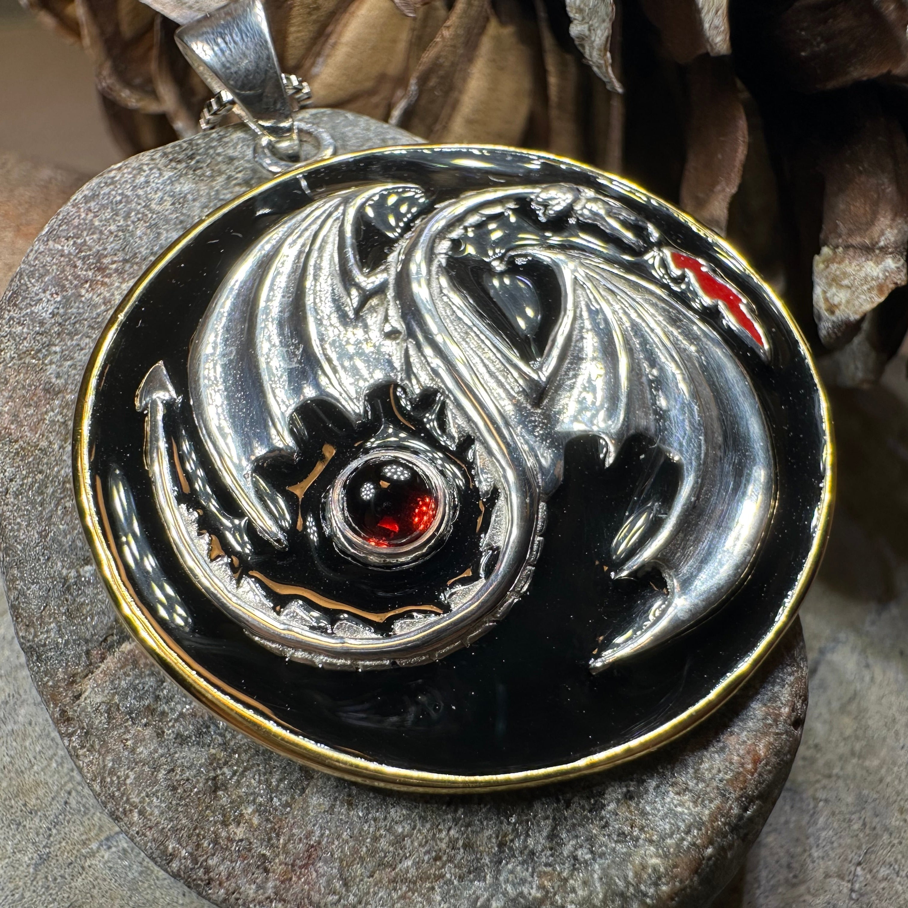 Dragon Yin Yang Garnet Necklace in Sterling Silver