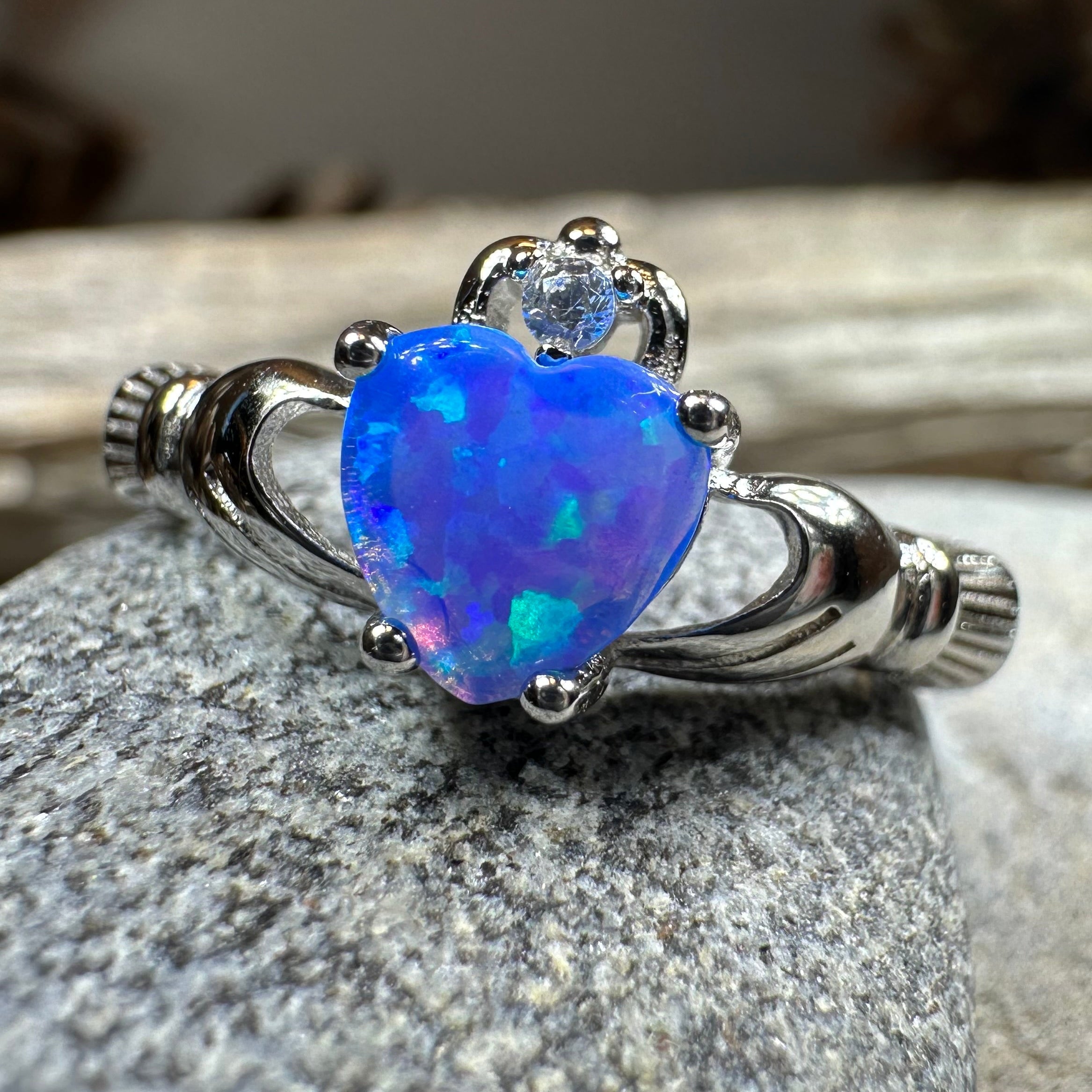 Ocean Blue Opal Claddagh Ring