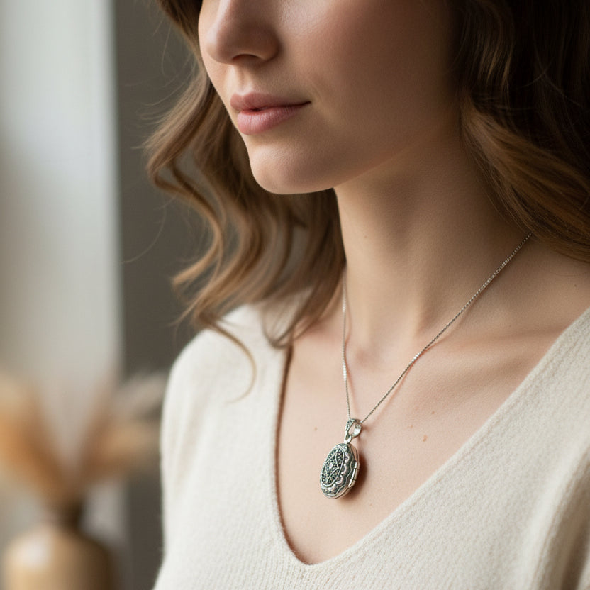 Florent Classic Oval Marcasite Locket Necklace