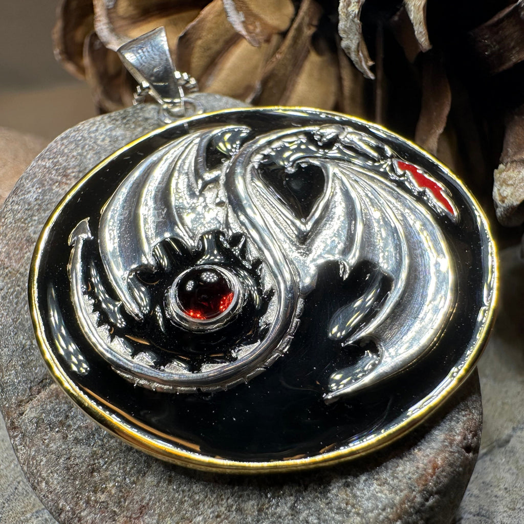 Dragon Yin Yang Garnet Necklace in Sterling Silver