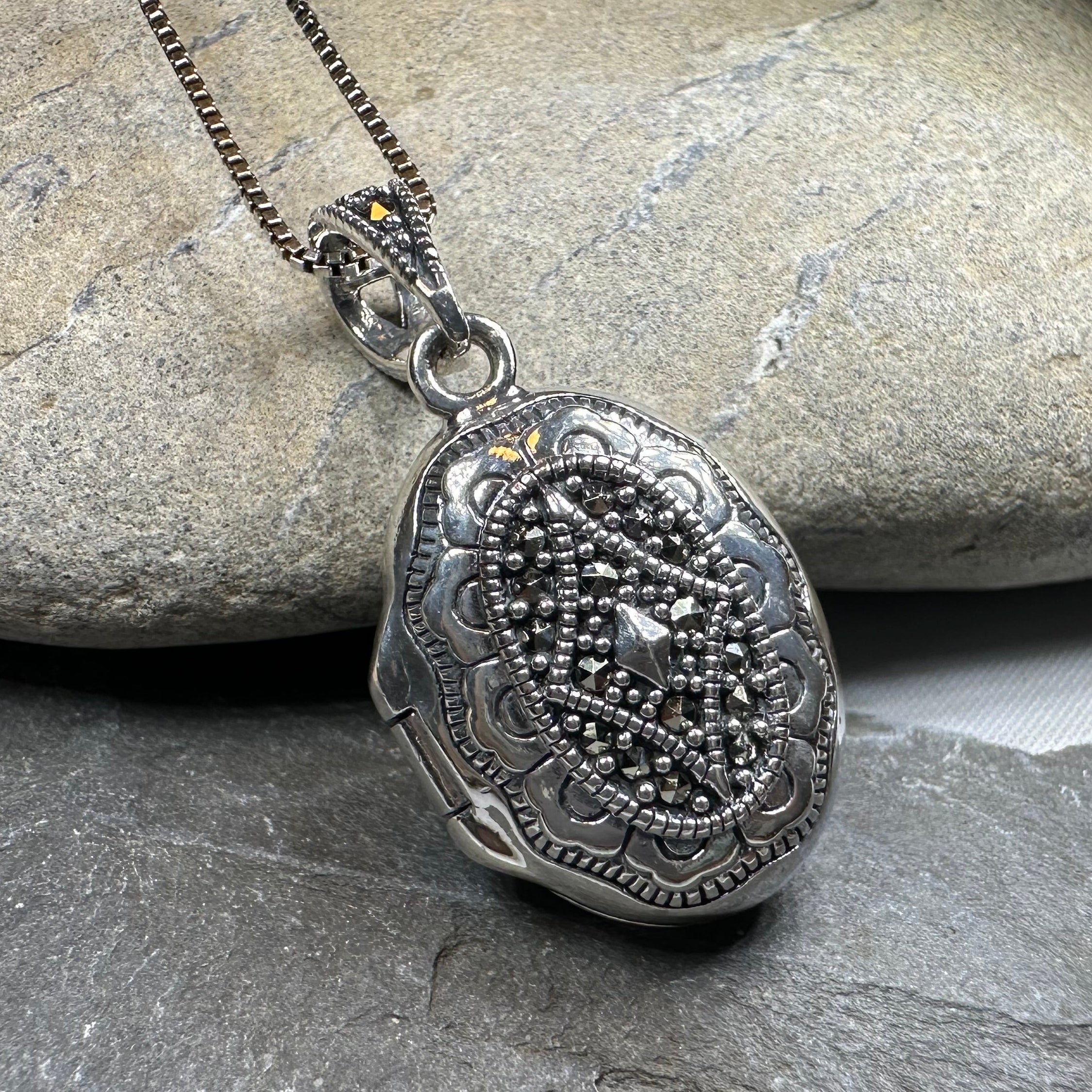 Florent Classic Oval Marcasite Locket Necklace