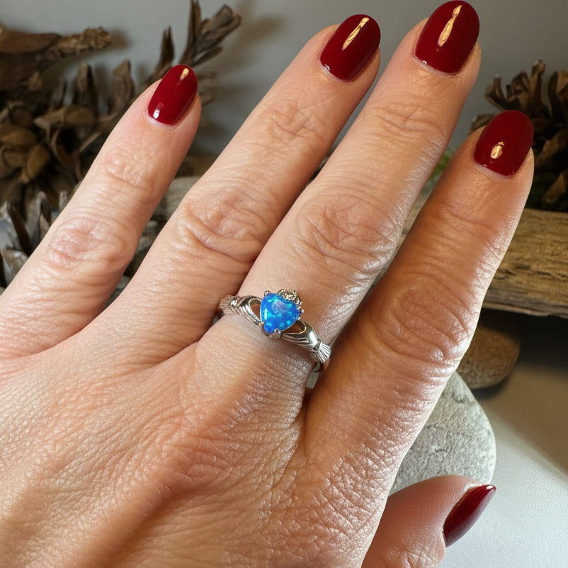 Ocean Blue Opal Claddagh Ring