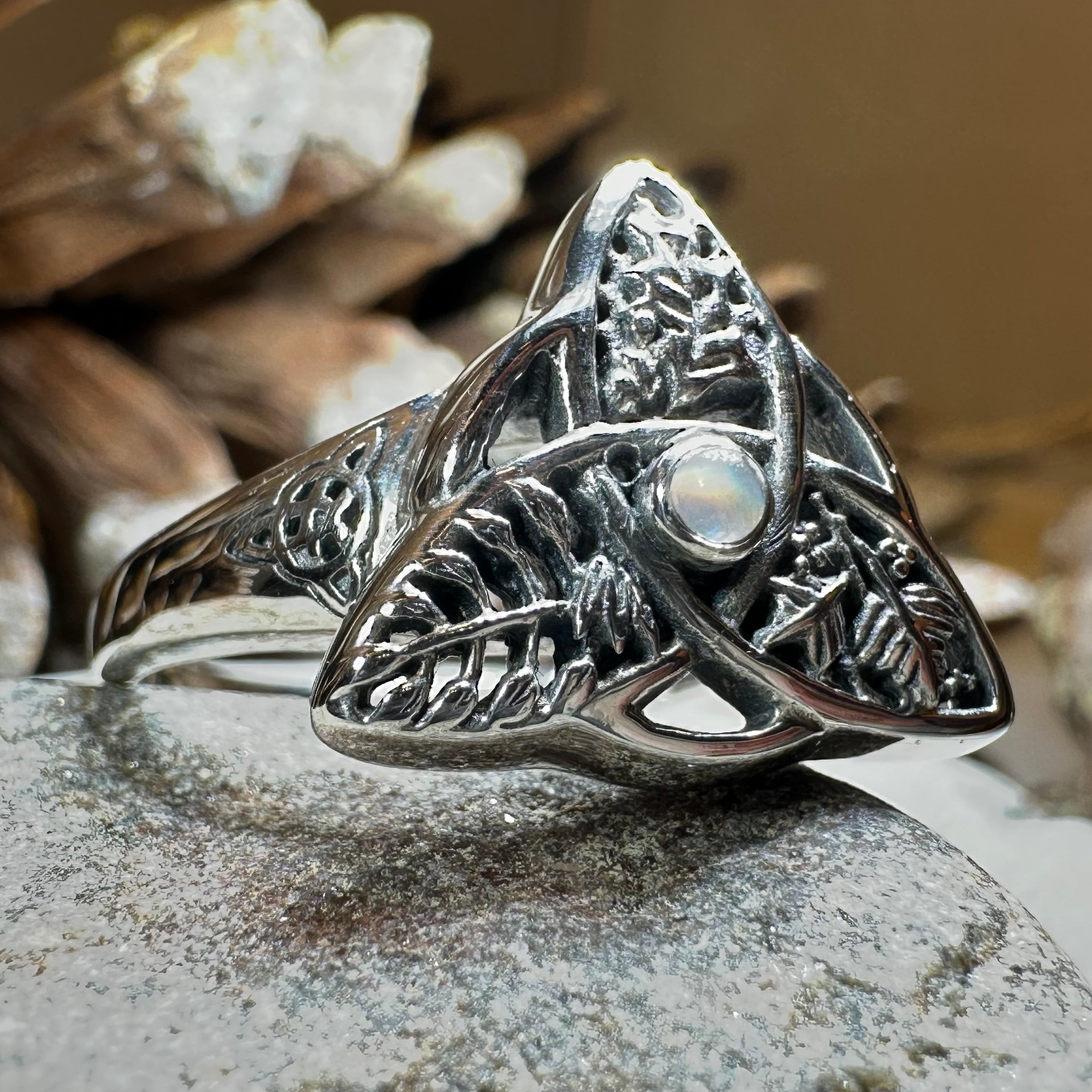 Oak Ash Thorn Moonstone Ring in Sterling Silver