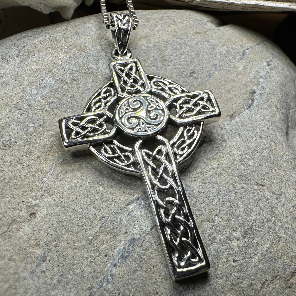Aileran Triskele Celtic Cross Necklace in Sterling Silver