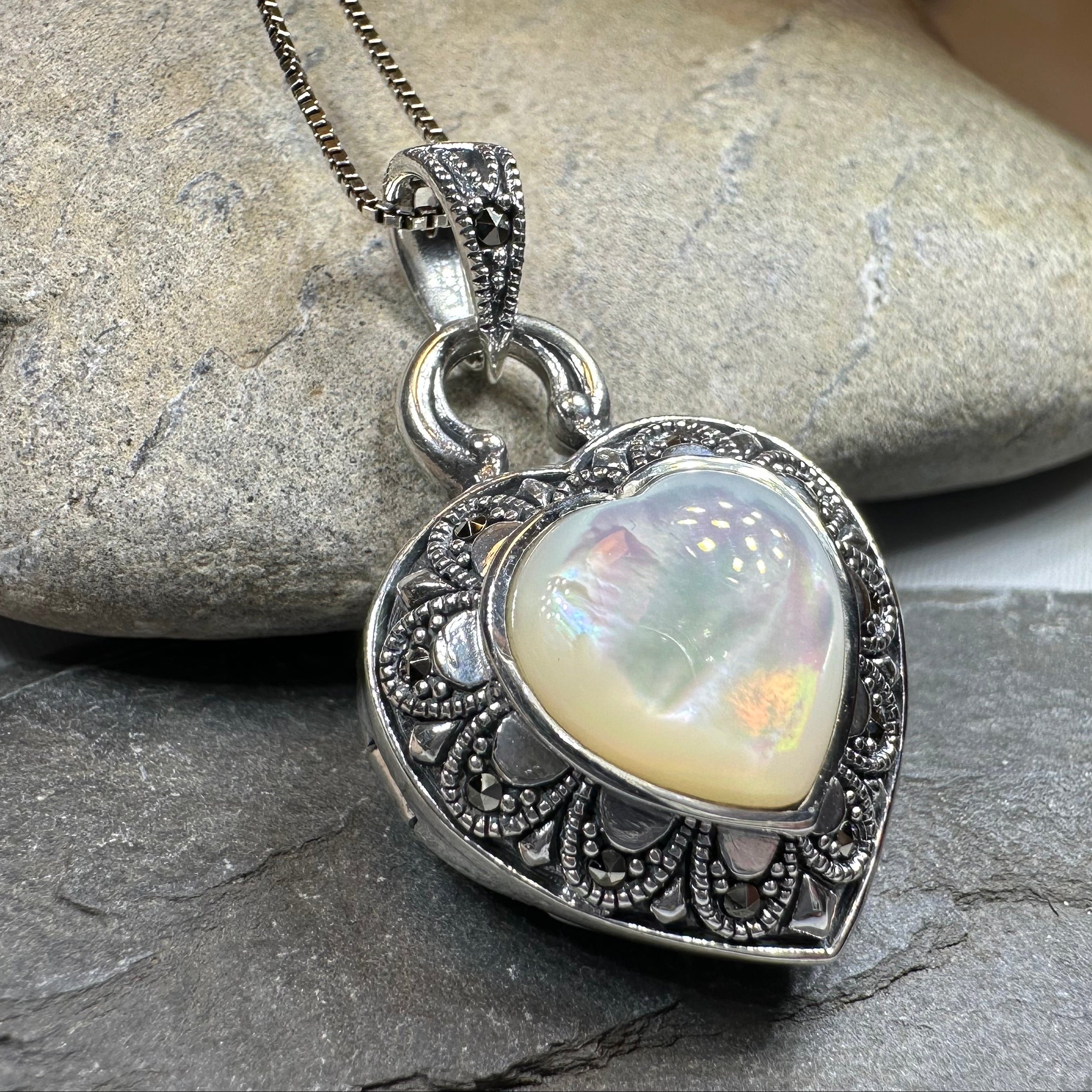 Locket Heart Marcasite Necklace in Sterling Silver