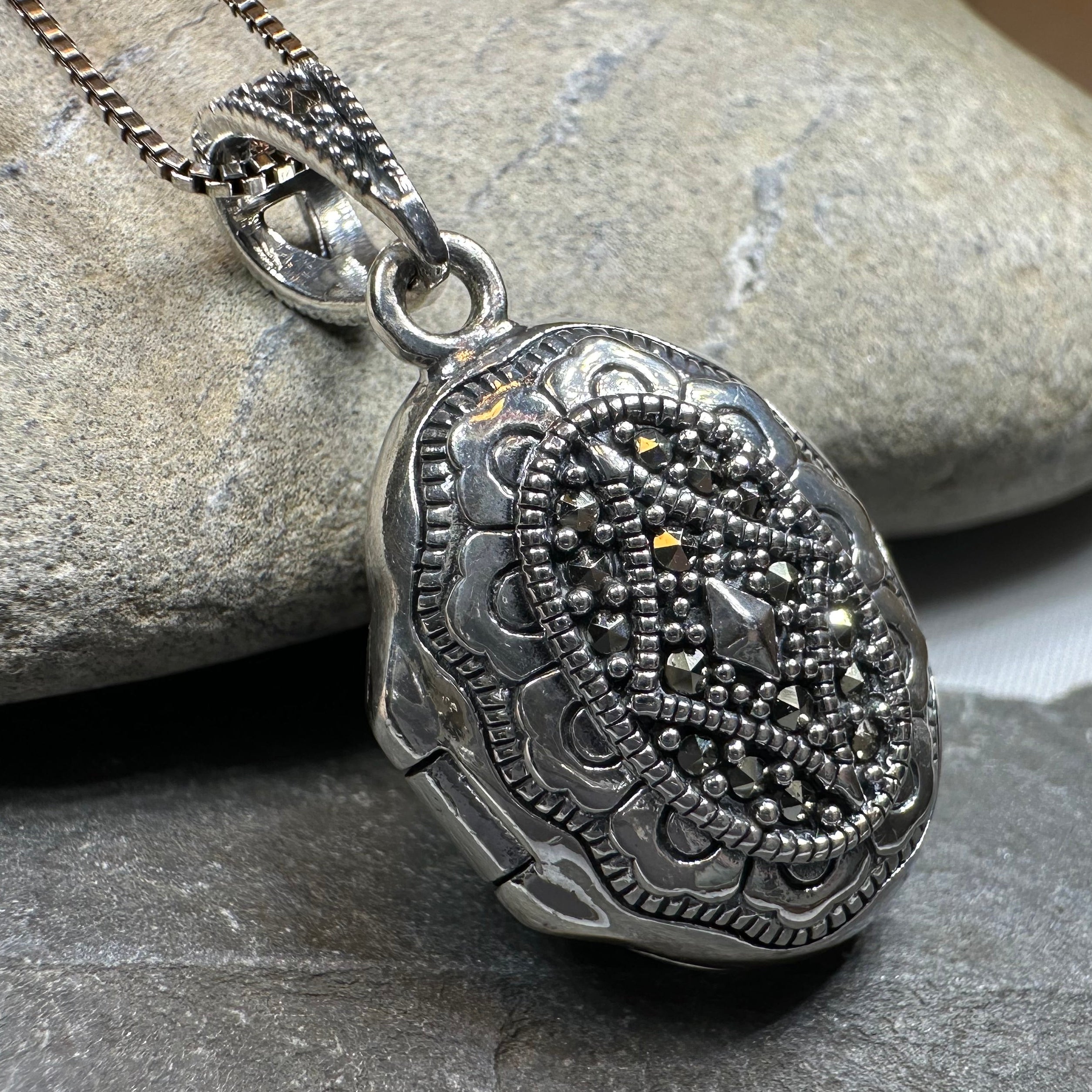Florent Classic Oval Marcasite Locket Necklace