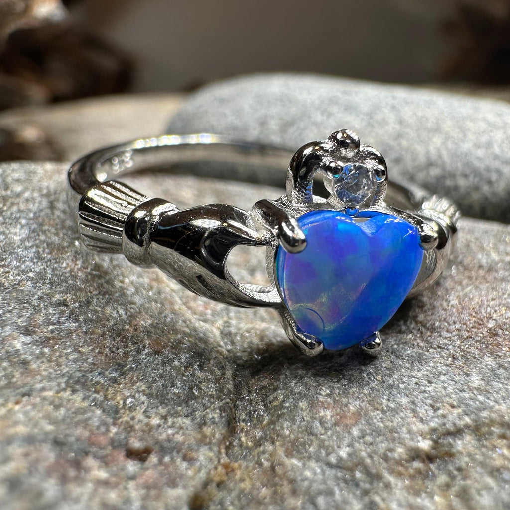 Ocean Blue Opal Claddagh Ring