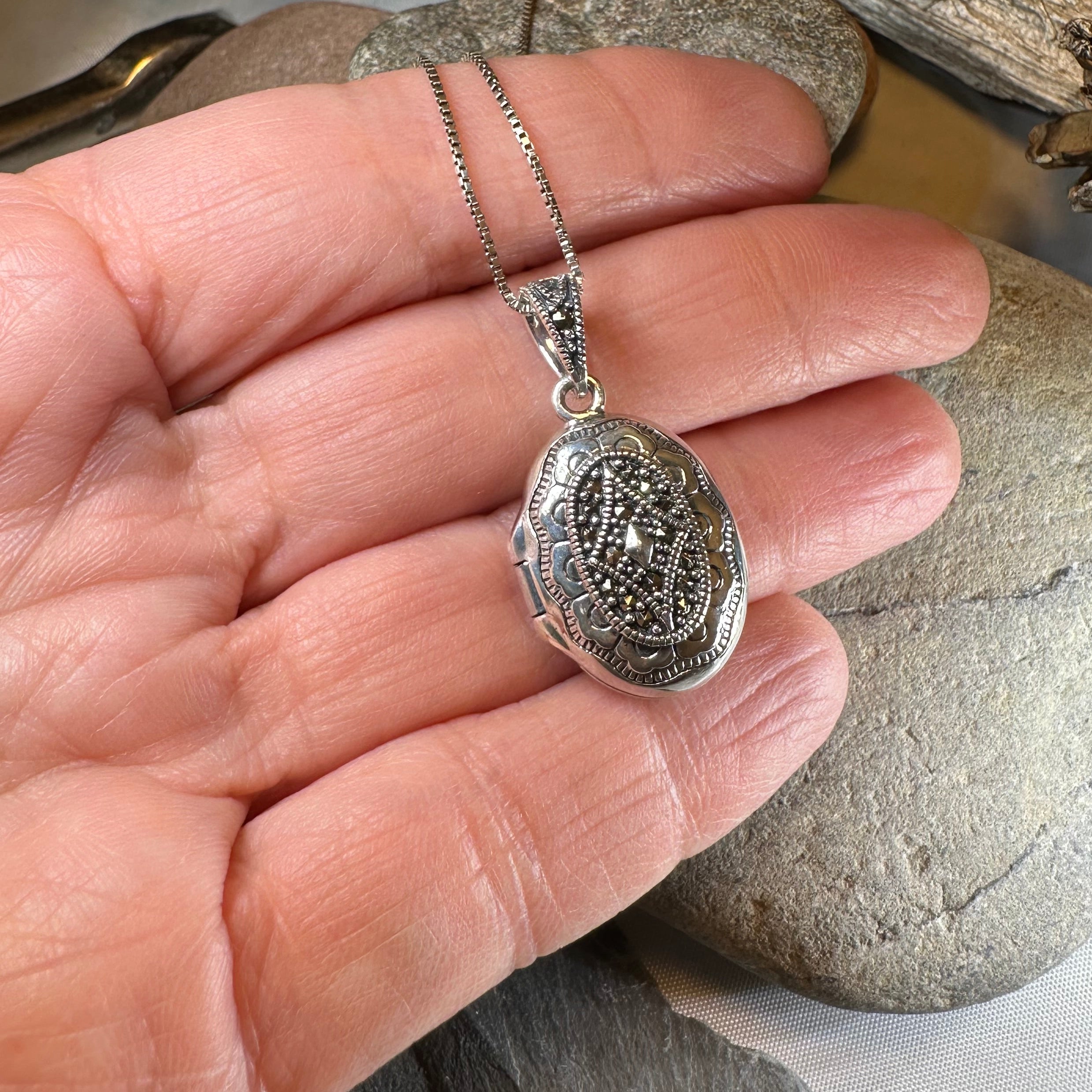 Florent Classic Oval Marcasite Locket Necklace