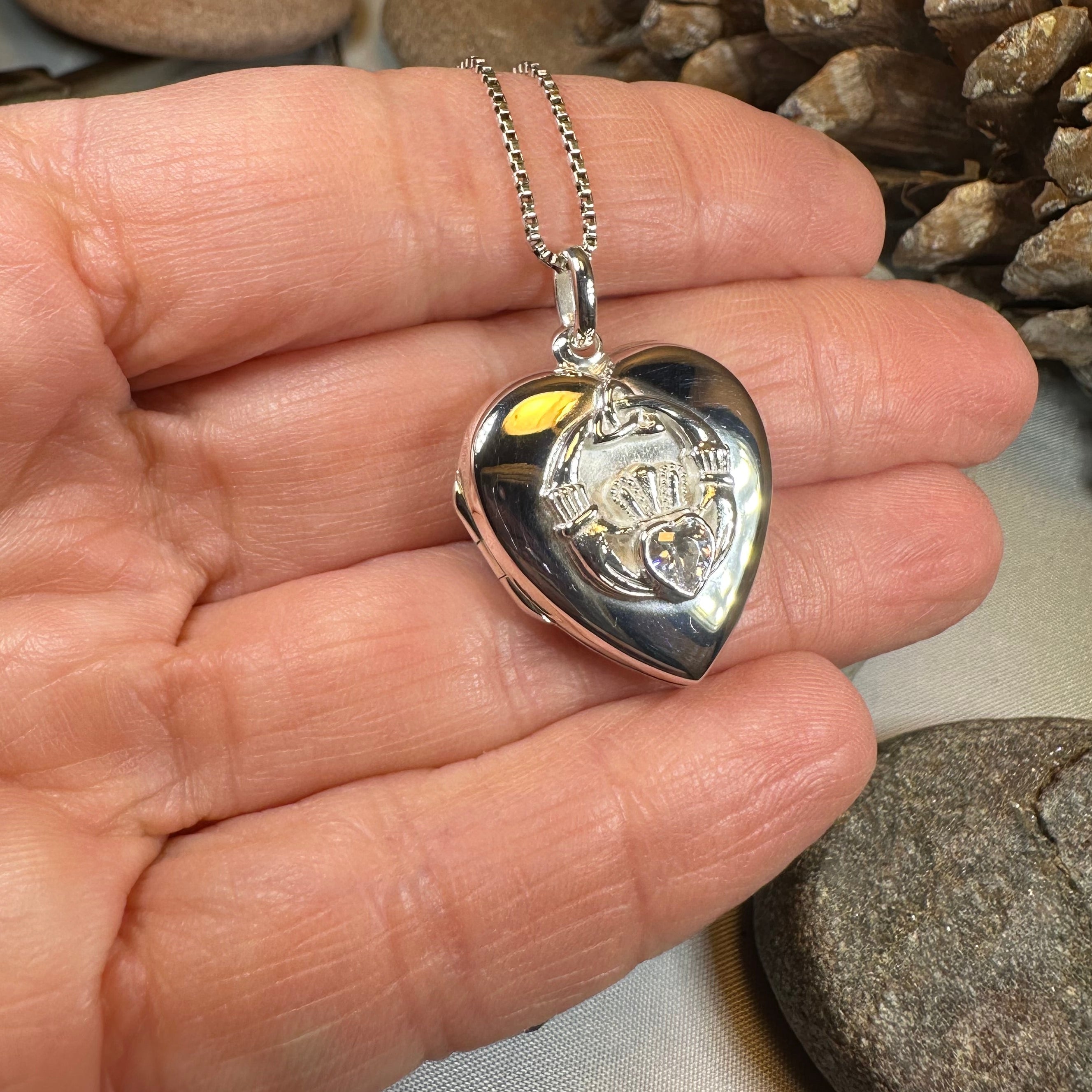 Aoife Irish Claddagh Locket Necklace in Sterling Silver