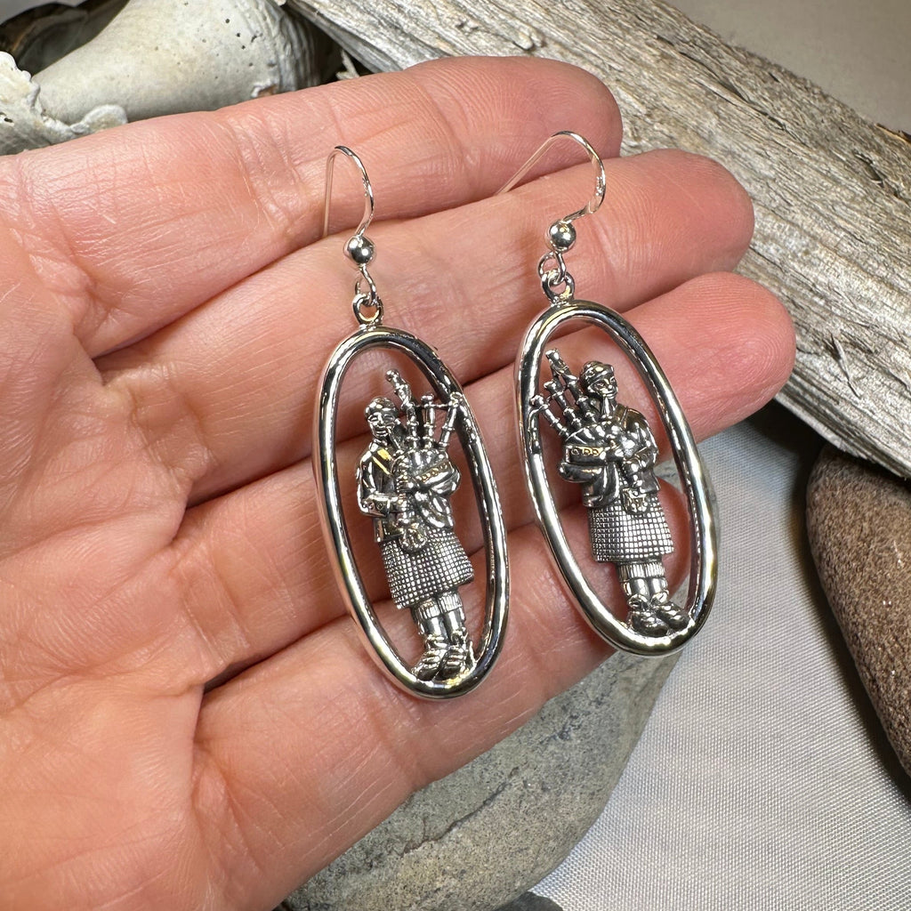 Tartan Bagpiper Earrings in Sterling Silver