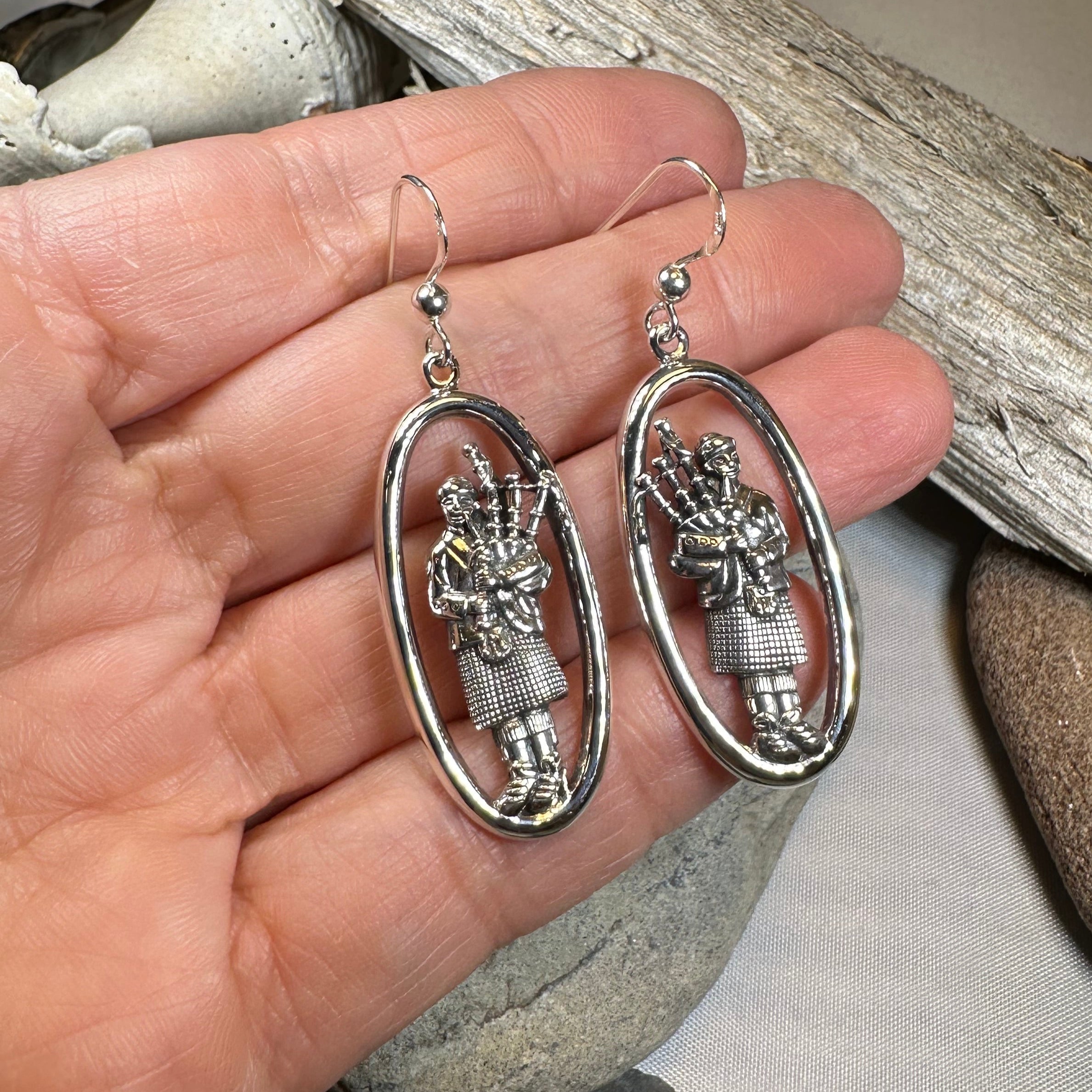 Tartan Bagpiper Earrings in Sterling Silver
