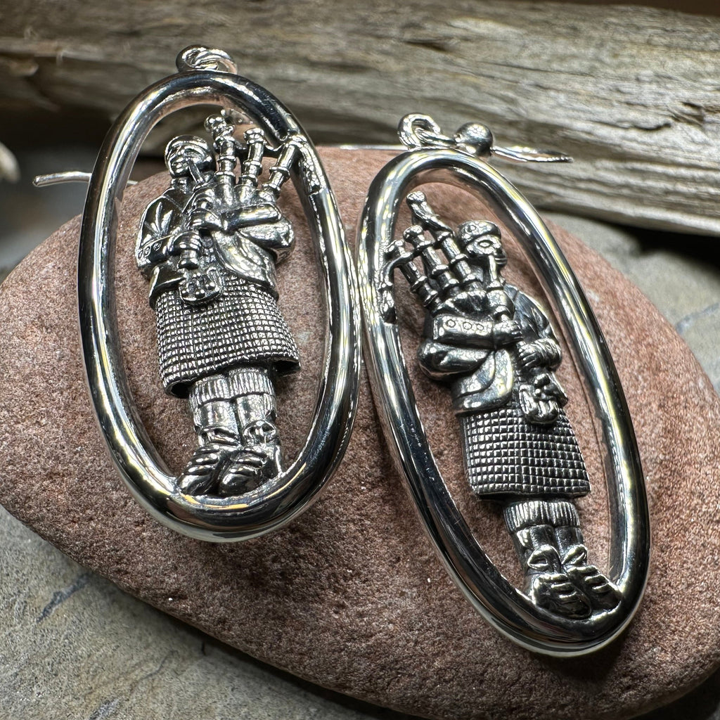 Tartan Bagpiper Earrings in Sterling Silver