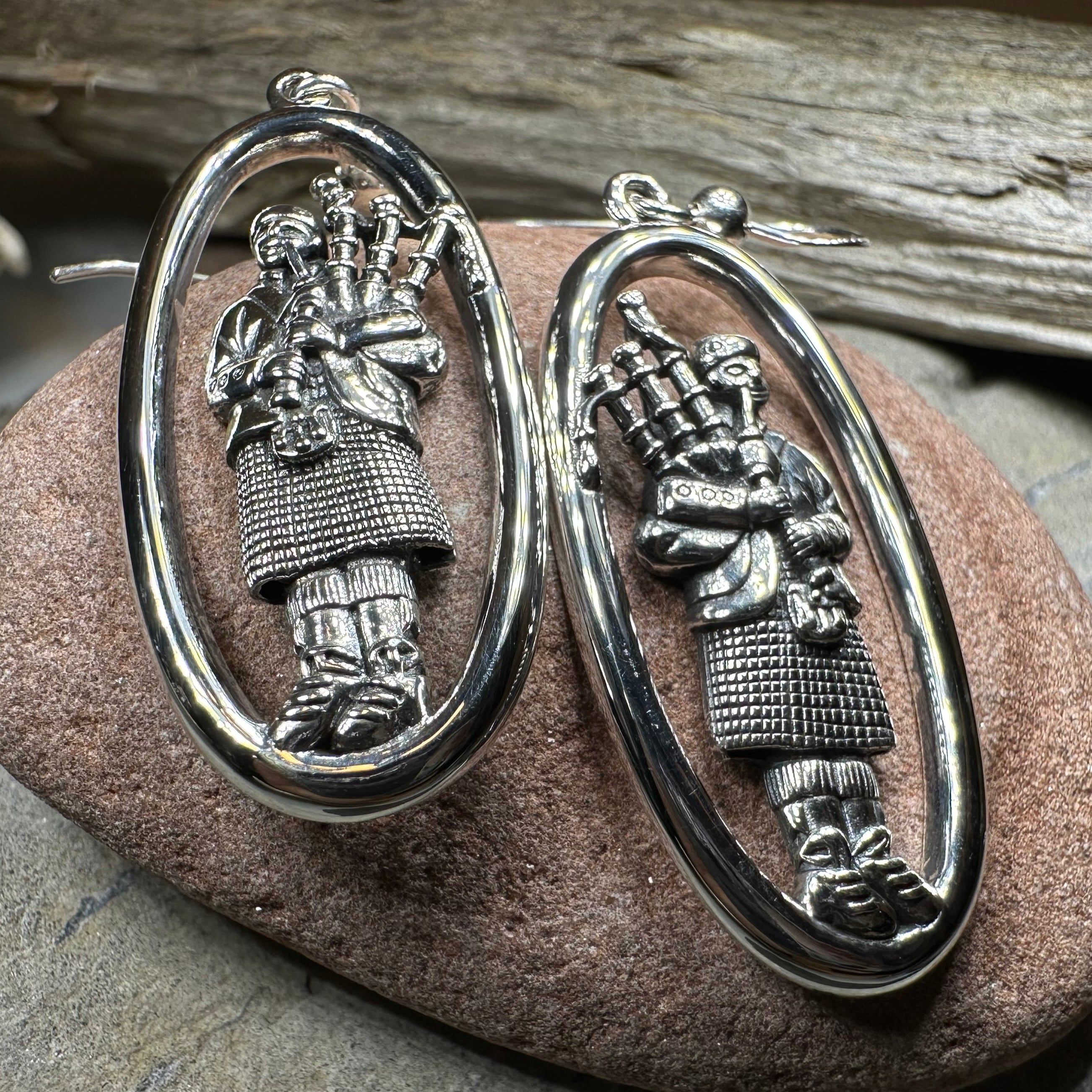 Tartan Bagpiper Earrings in Sterling Silver